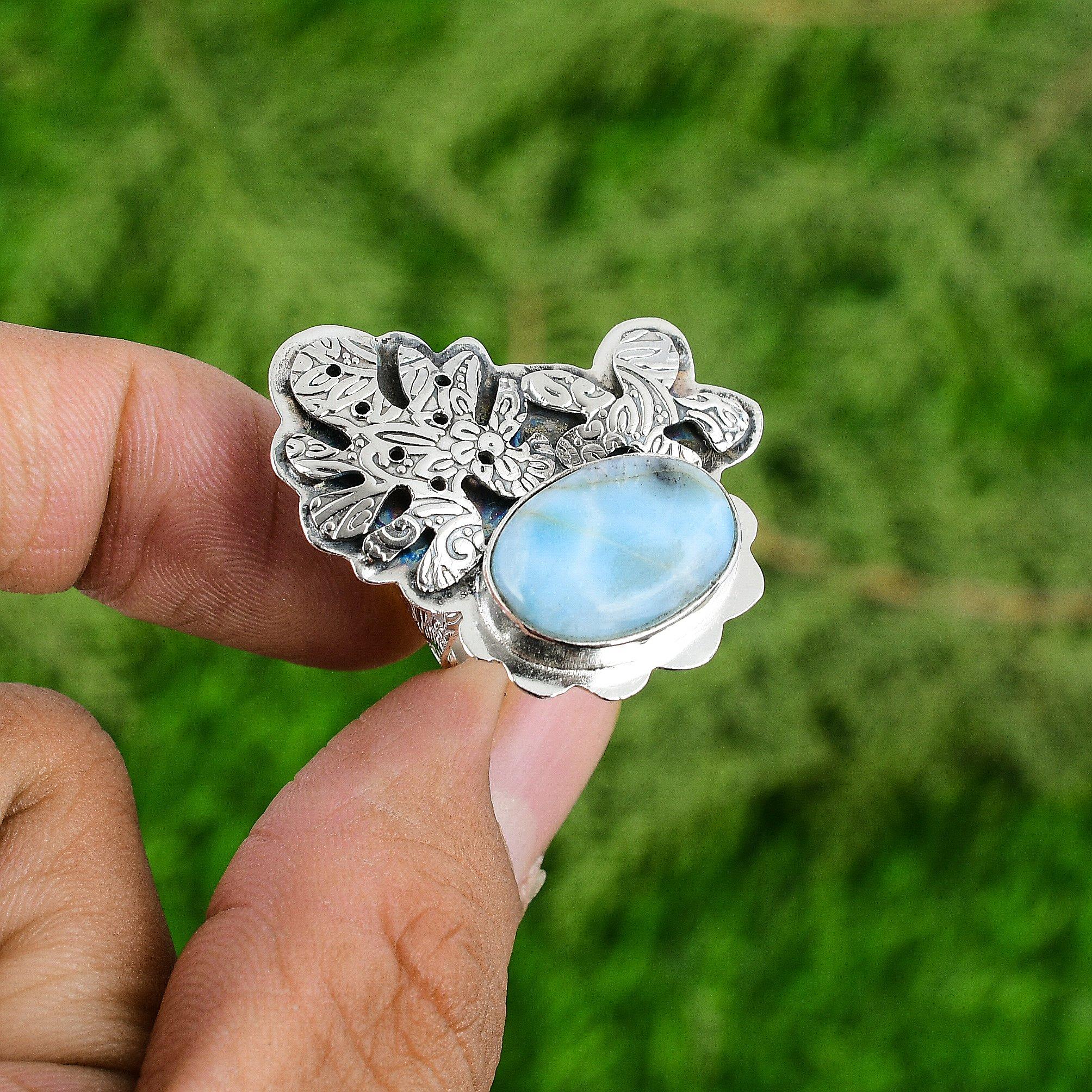 Natural Larimar Gemstone Solitaire Blue Adjustable Ring 925 Sterling Silver