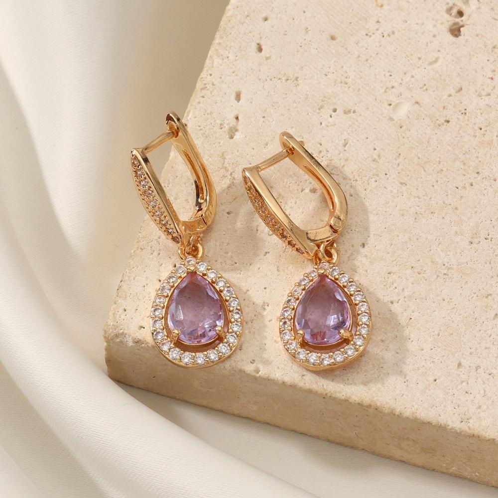 1 Pair Luxurious Purple Drop Shape Dangle Earrings for Women Cubic Zirconia Jewelry Wedding Party Accessories