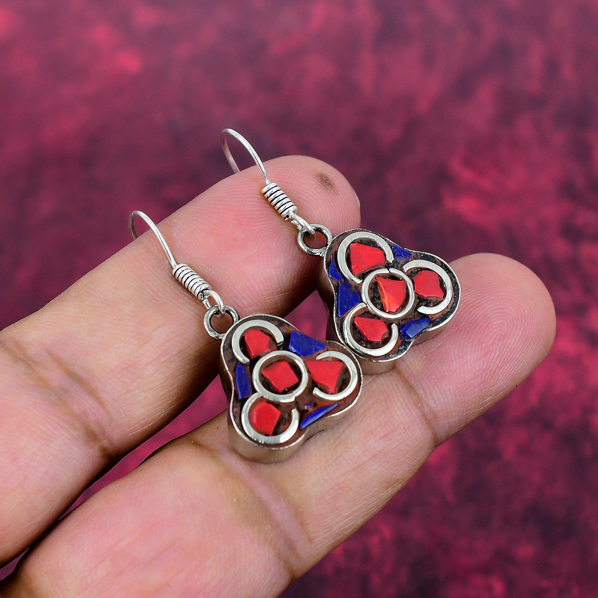 Coral & Lapis Lazuli 925 Solid Sterling Silver Earrings, Handmade Gemstone Earrings Jewelry, Gifts For Wife Brand New Nepali Earrings