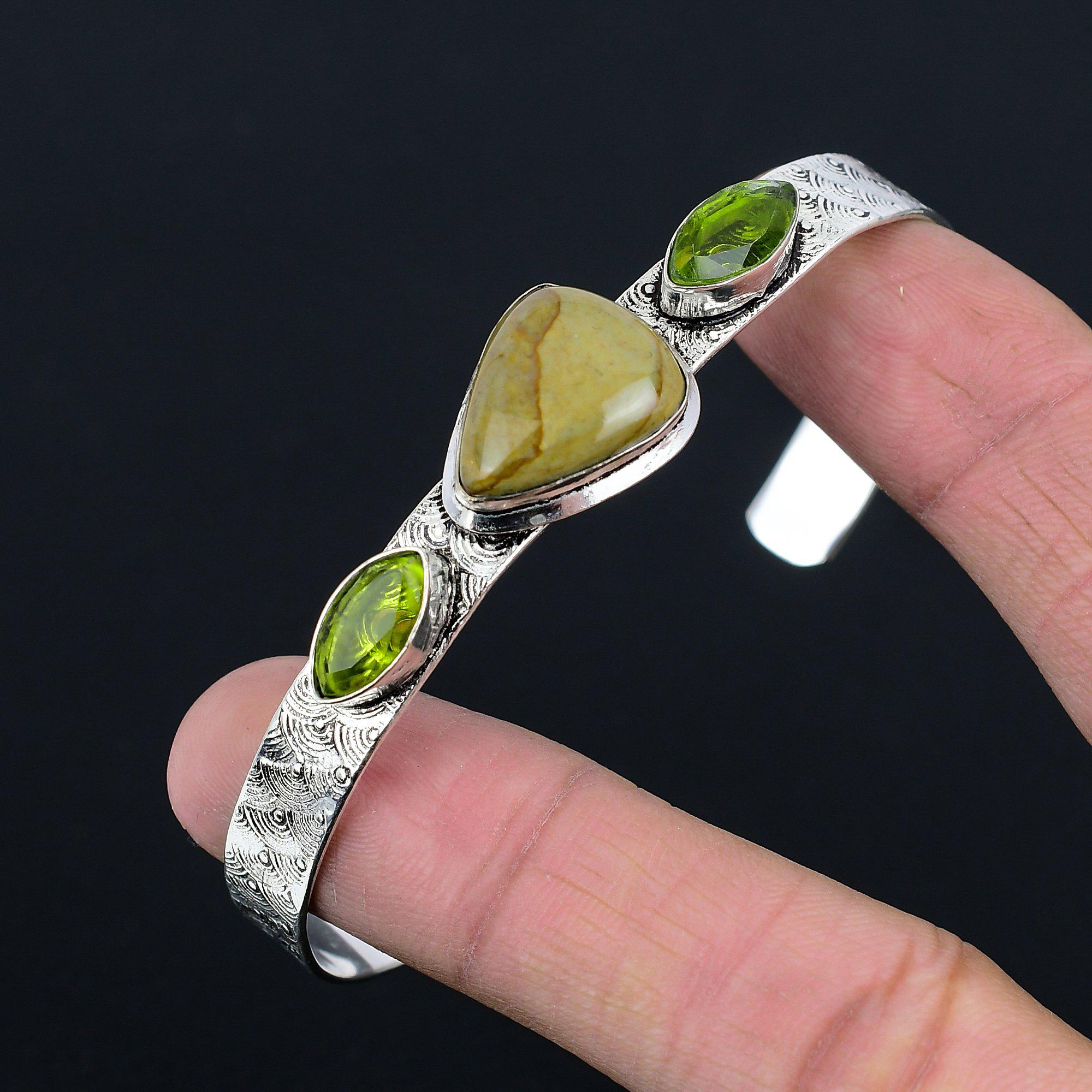 Promoção Dia das Irmãs Pedra Jaspe Policromo Peridoto Art Déco Boho Pulseira Prata 925