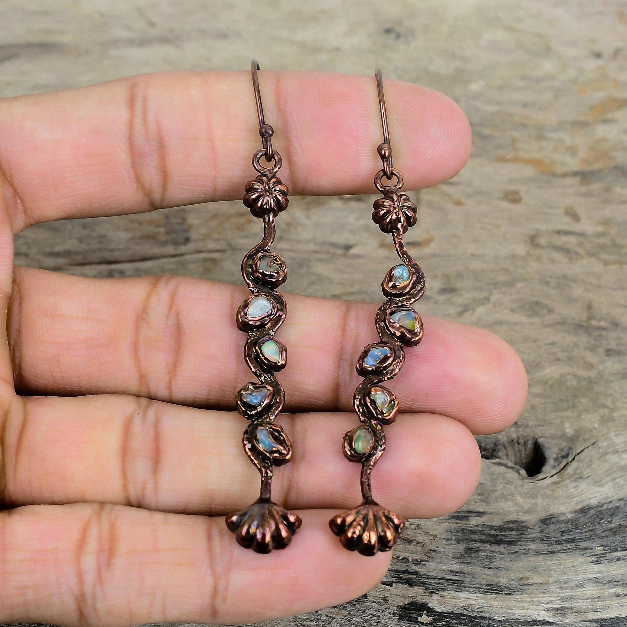 Cercei Opal Etiopian Cupru Electroformat Cercei cu Piatră Prețioasă Naturală Bijuterii din Cupru Cercei Delicați Bijuterii Handmade Cadouri Pentru Femei