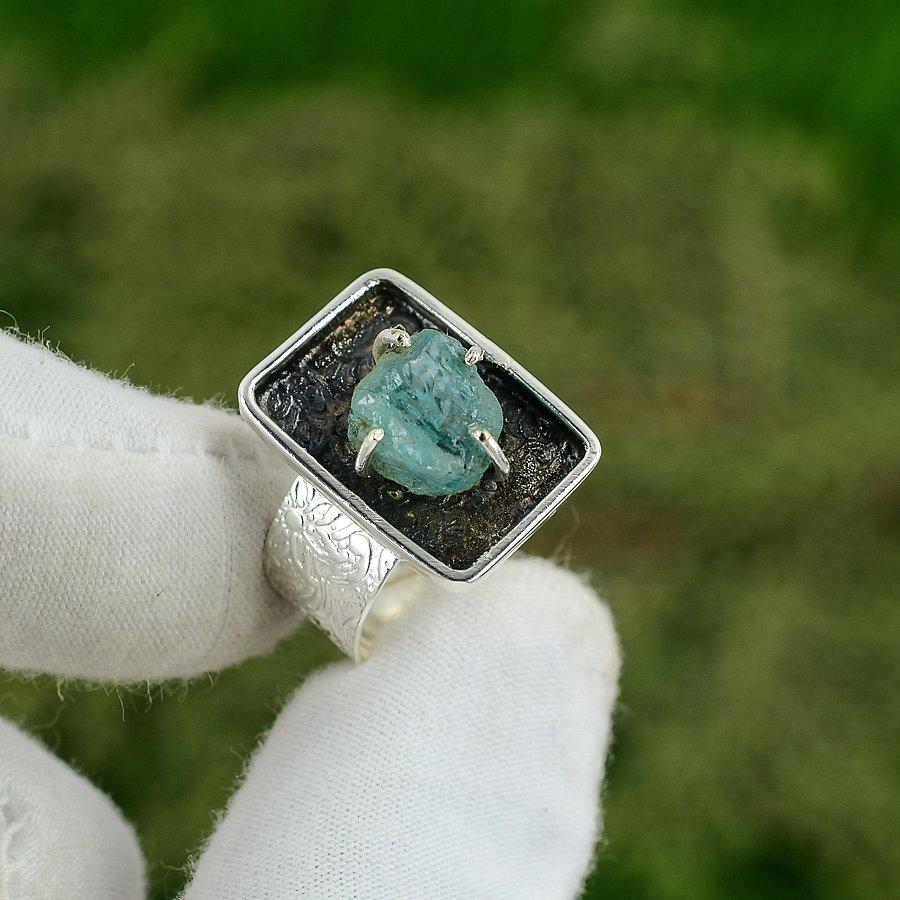 Gift For Her Natural Aquamarine Rough Solitaire Adjustable Ring 925 Silver