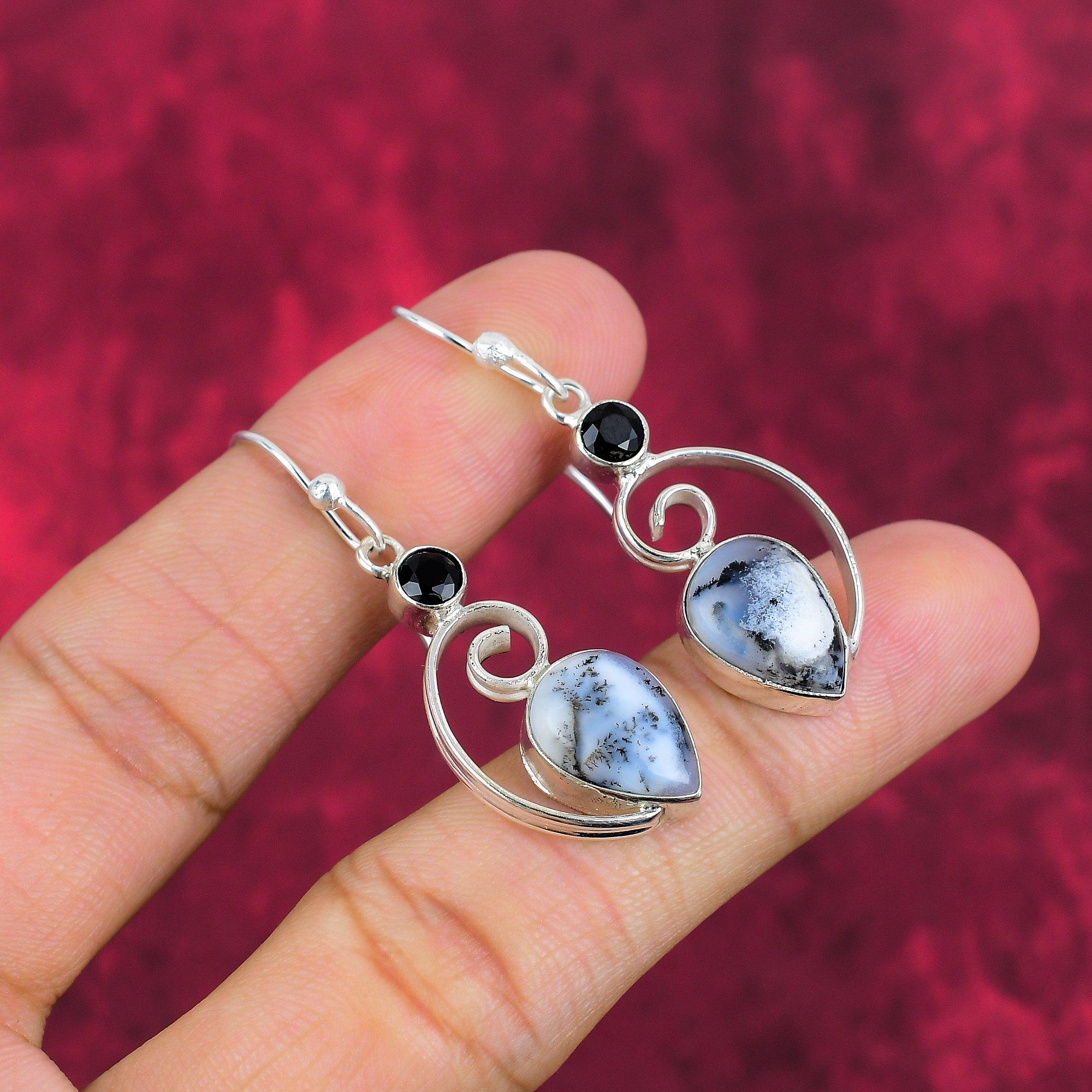 Dendritenopal, Schwarzer Spinell 925 Sterling Silber Edelstein Schmuck, handgefertigte Ohrringe für Thanksgiving