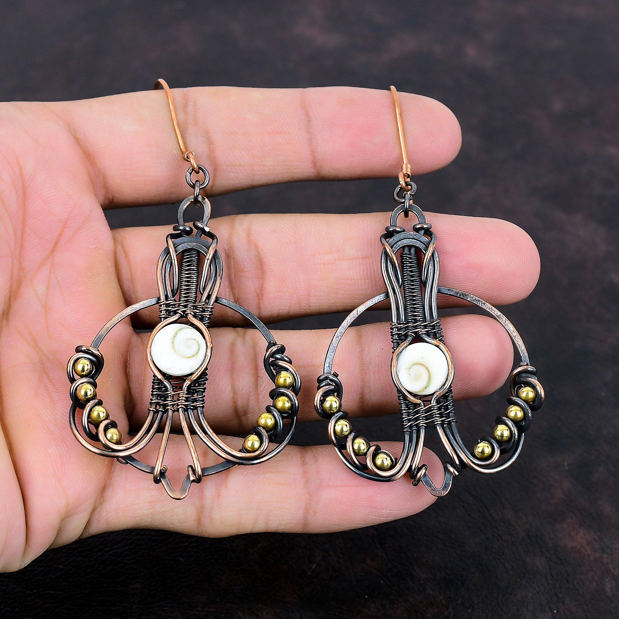 Shiva Eye Shell Earring Copper Wire Wrapped Earrings Unique Earring Copper Jewelry Gemstone Earrings Handmade Wire Jewelry Anniversary Gift