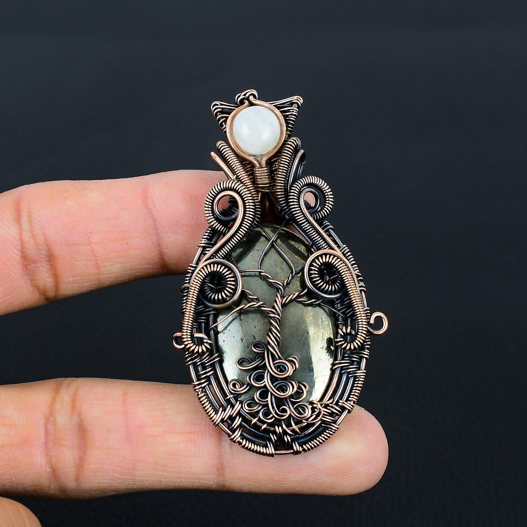 Unique Golden Apache Pyrite & Moonstone Gemstone Handmade Pure Copper Wire Wrap Jewelry Pendant