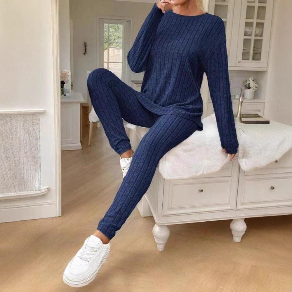 2 Piece Set Women Autumn New Fashion Casual Elegant Loose Crew Neck Ribbed Knit Outfit