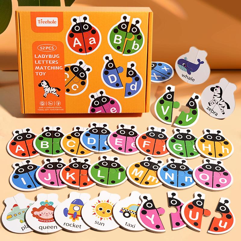 Wooden Ladybug Alphabet Matching Puzzle Double Sided Cards Words Letters Learning Toy Interactive Tabletop Game