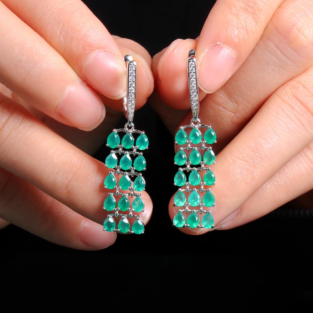 Kolczyki z długim zapięciem Naturalny zielony agat Kamień szlachetny 925 srebro Moda i luksusowa biżuteria dla pań Prezent na ślub, bukiet i imprezy