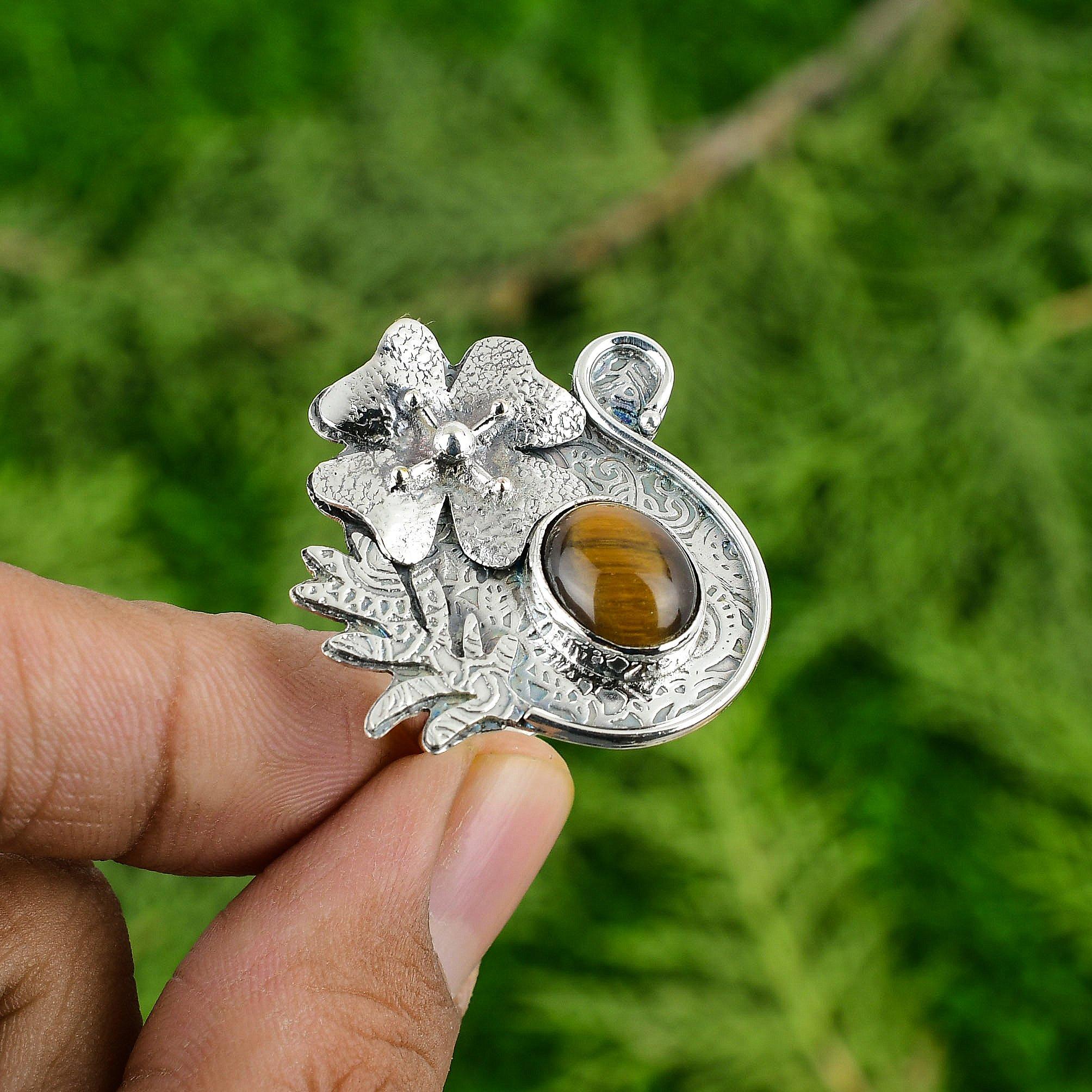925 Sterling Silver Tiger's Eye Gemstone Birthday Solitaire Flower Ring Jewelry