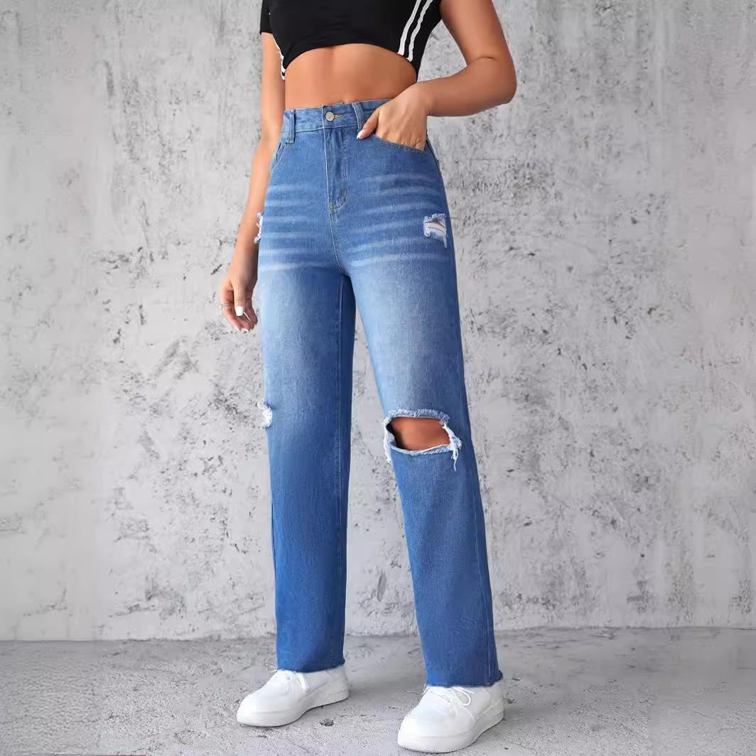 Straight Jeans Women's Pant Washed and Torn Holes Non-stretch Wide-leg Trousers