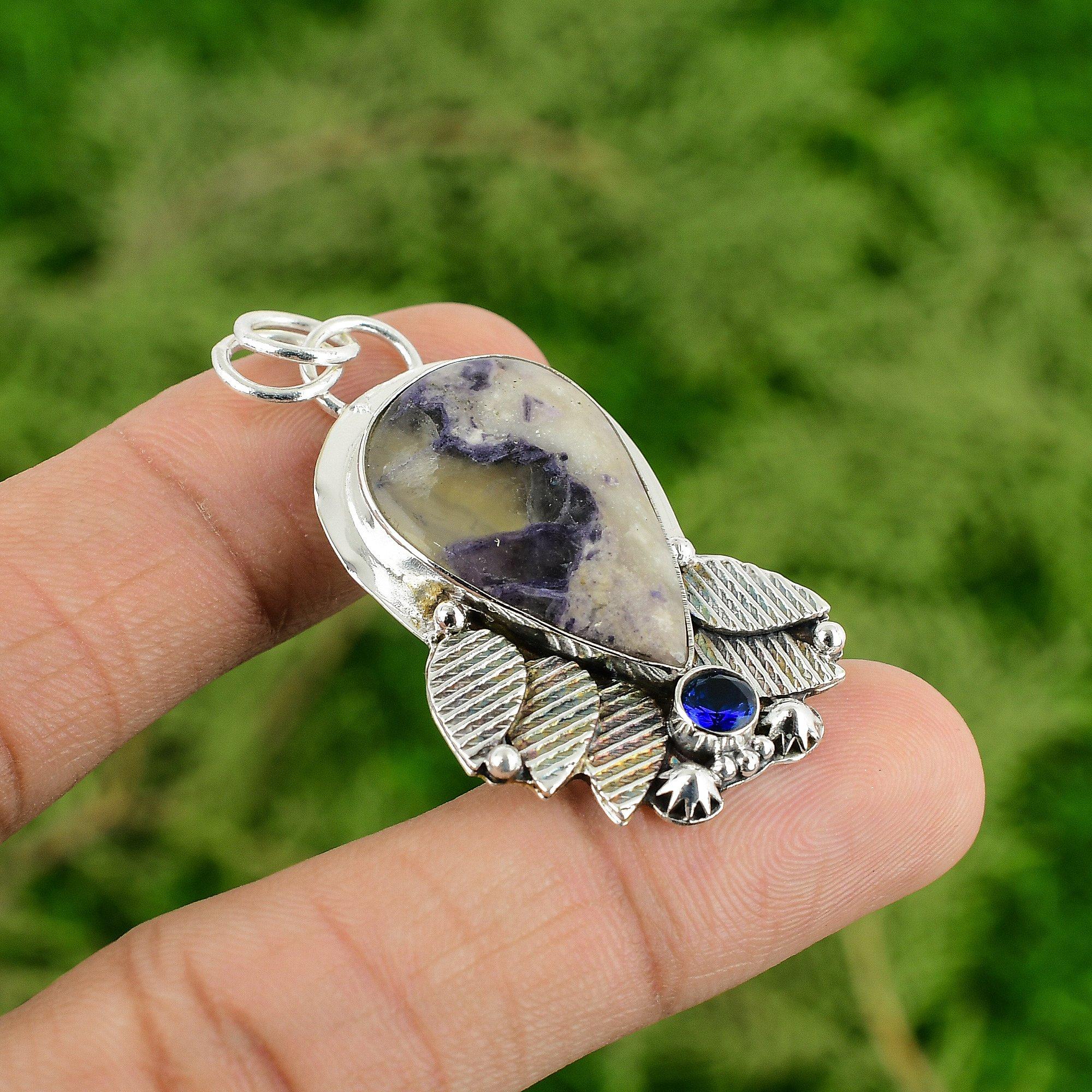 Daughters Day Sale Natural Tiffany Jasper Tanzanite Quartz 925 Silver Pendant