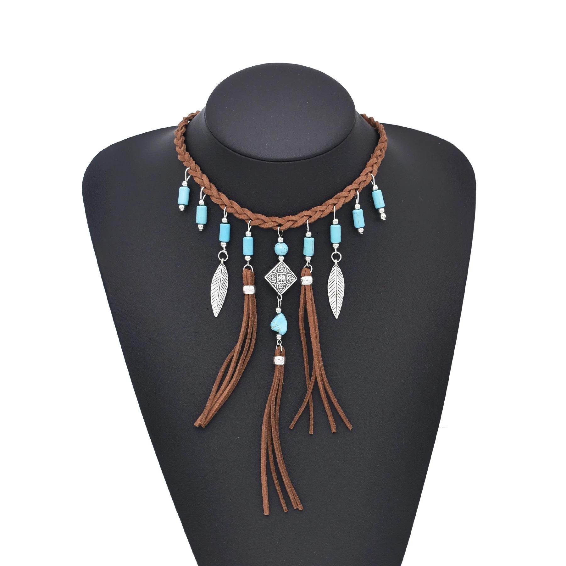 Retro Leather Rope Woven India Necklace Acrylic Bead Leaf Tassel Choker Ethnic Statement Jewelry