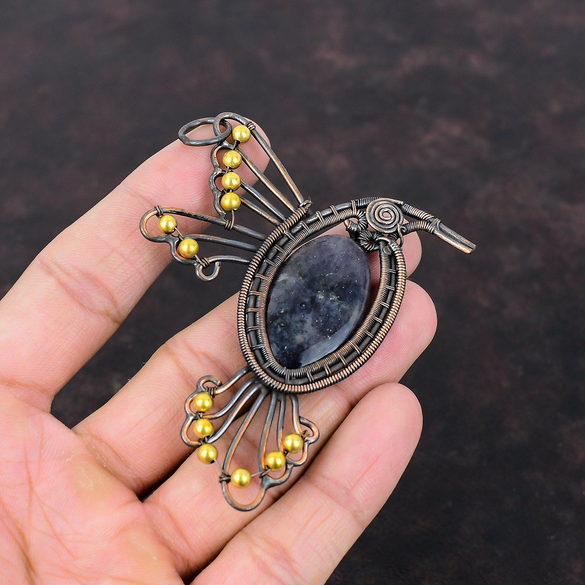 Pandantiv Iolit Piatra Soarelui Pandantiv Înfășurat în Sârmă de Cupru Pandantiv cu Piatră Prețioasă Bijuterii Uimitoare din Cupru Handmade Brand Nou Pandantiv Pandantiv Pasăre Pentru Cadou