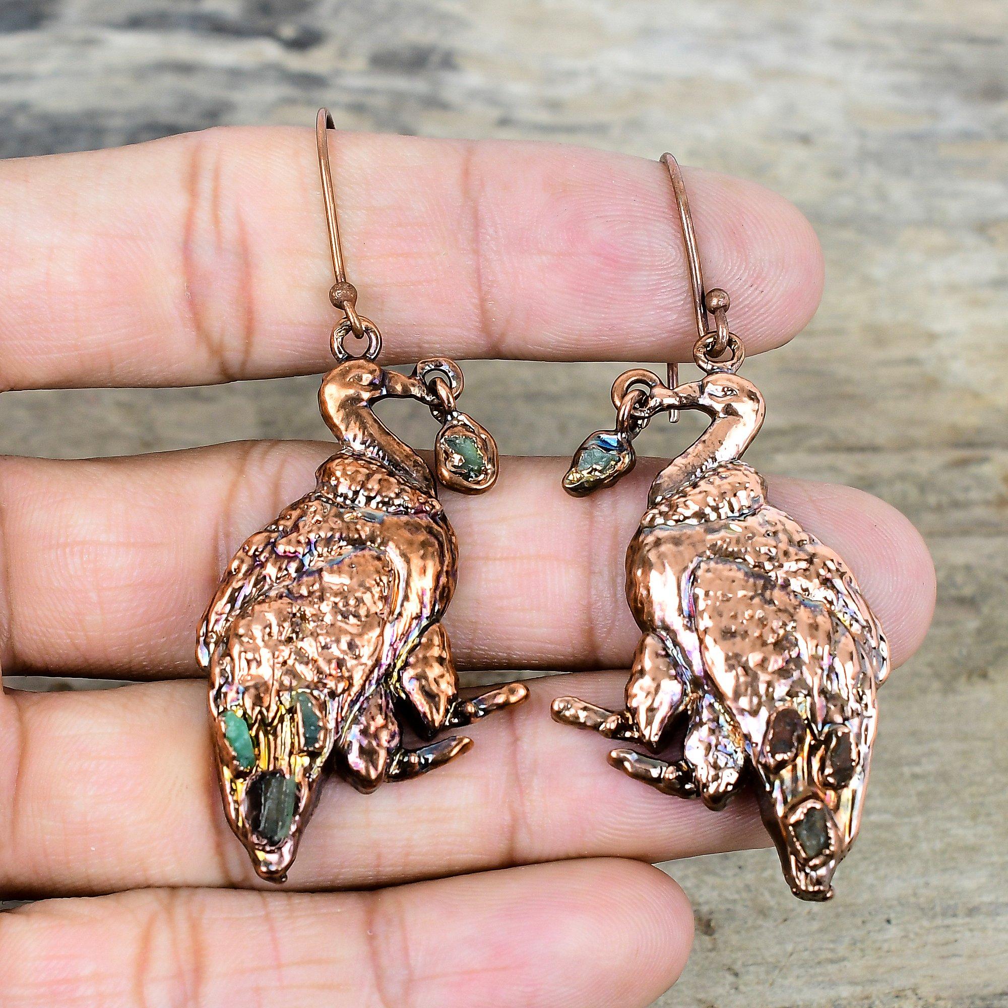 Green Tourmaline Rough Earring Electroformed Copper Earring Handmade Peacock Earrings Electroformed Jewelry Gemstone Earring Gifts for Women