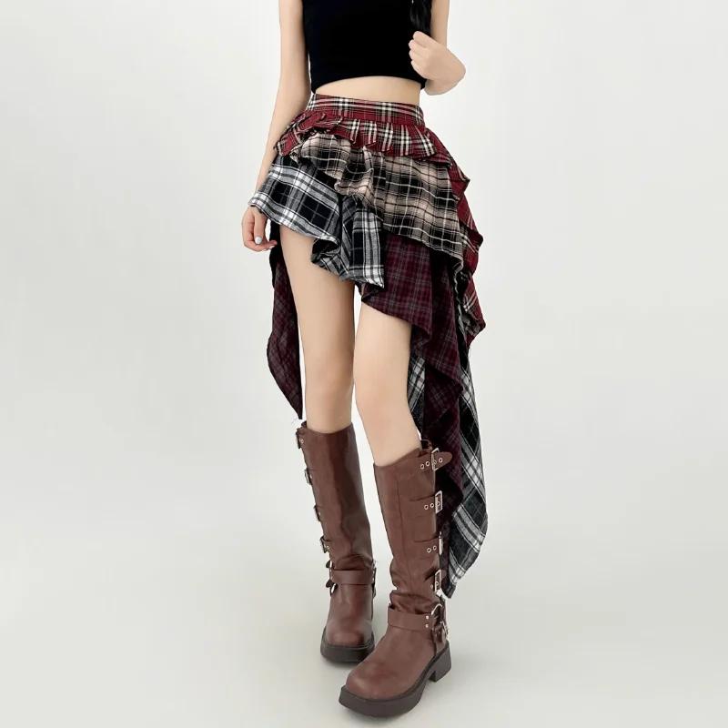 Damen A-Linie Karierter Rock Vintage Mode Ästhetik Y2k Asymmetrischer Minirock Harajuku Koreanischer Rock 2000er Jahre Kleidung Sommer