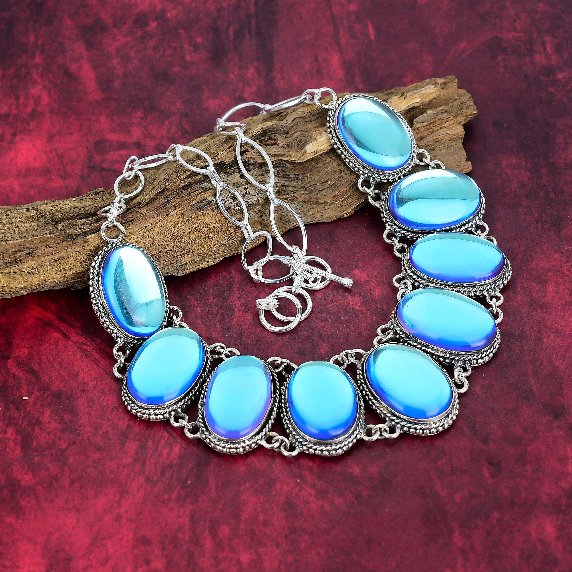 Colar de prata esterlina sólida 925 Mystic Opal com corrente ajustável, colar de joias com pedras preciosas feito à mão para o Memorial Day
