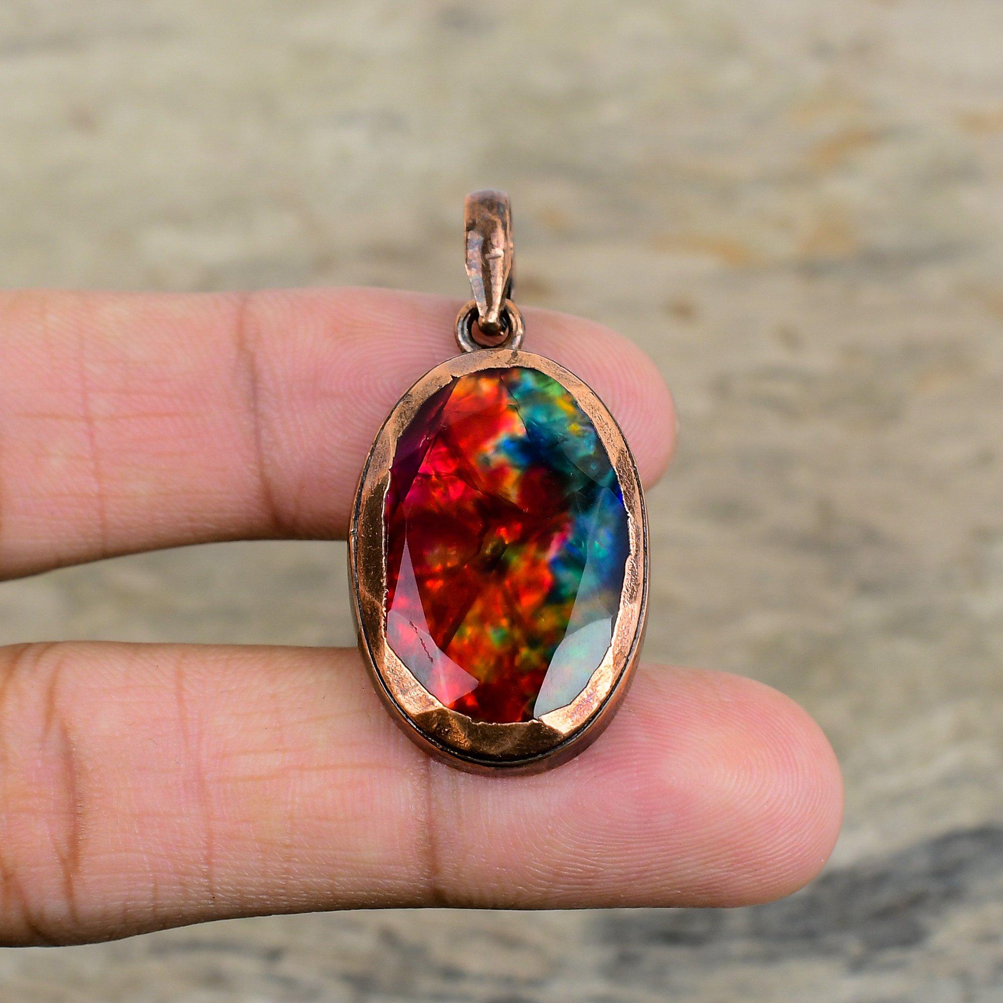 Faceted Ammolite Pendant Electroformed Copper Pendant Handmade Jewelry Natural Gemstone Pendant Unique Electroformed Jewelry Gifts For Women