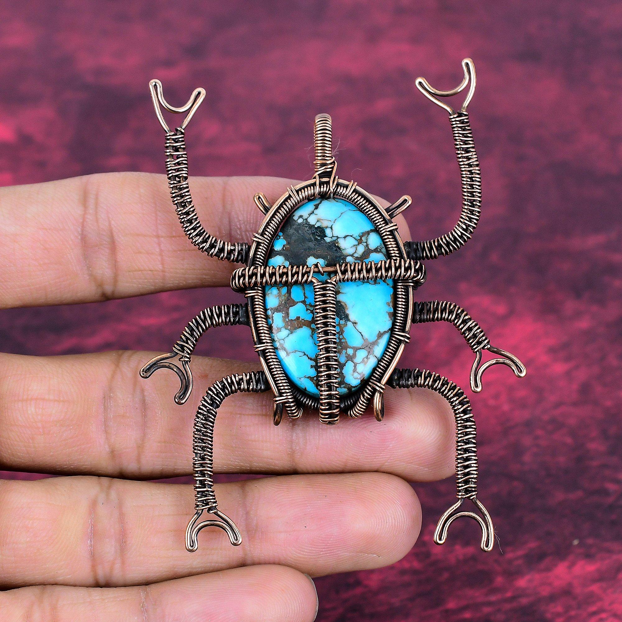 Pendentif Turquoise Tibétaine Bijoux Scarabée Pendentif Pierre Précieuse Enroulé de Fil de Cuivre