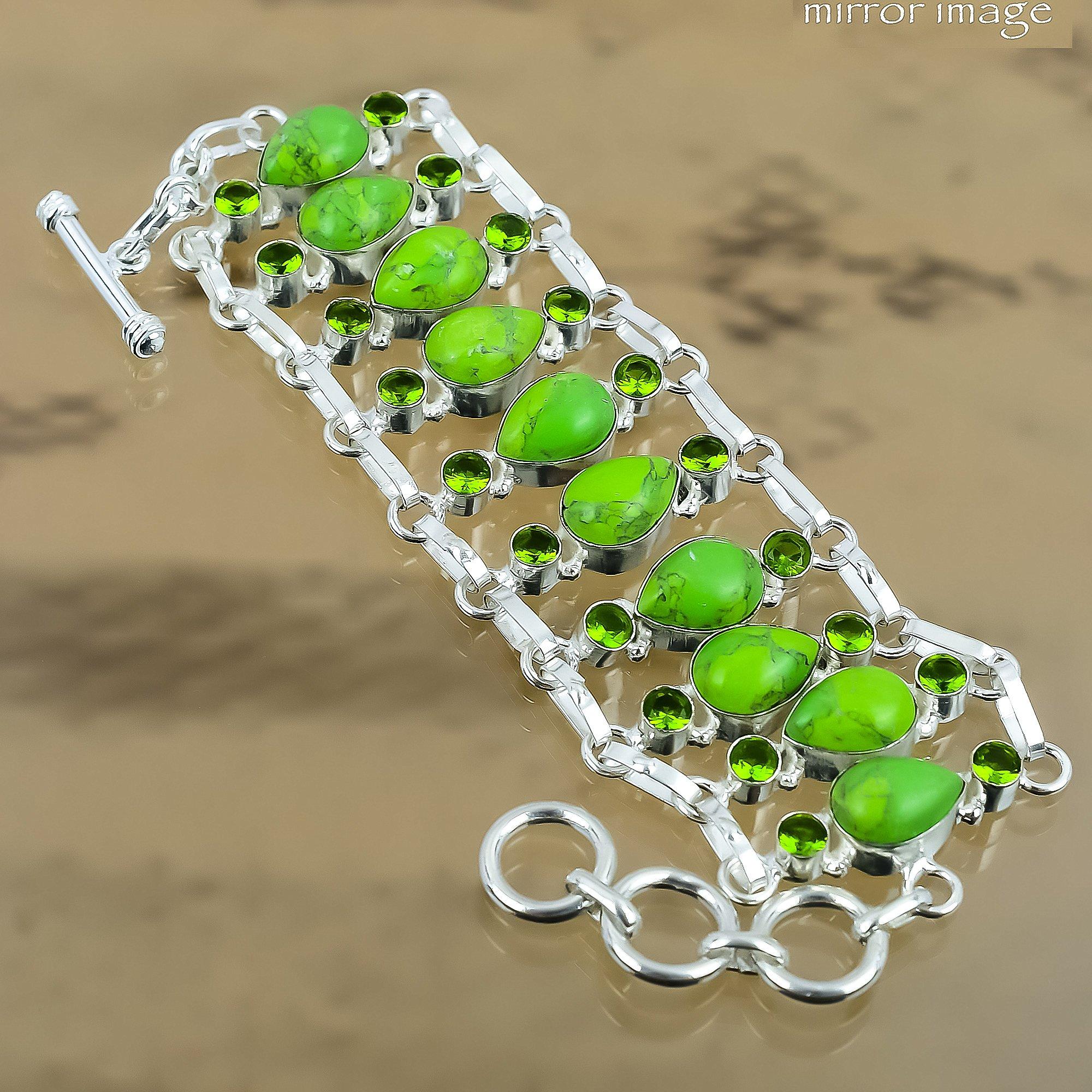 Gift For Her 925 Silver Natural Green Turquoise Chain Adjustable Bracelet