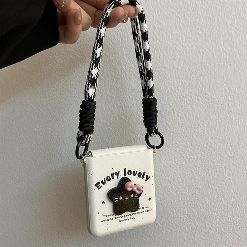 Leather Phone Case for Samsung Z Flip7 Z Flip6 Z Flip5/Xiaomi Mix Flip /Oppo N3 Flip /Huawei P50 Pocket, with Cute 3D Star Decor &Lanyard