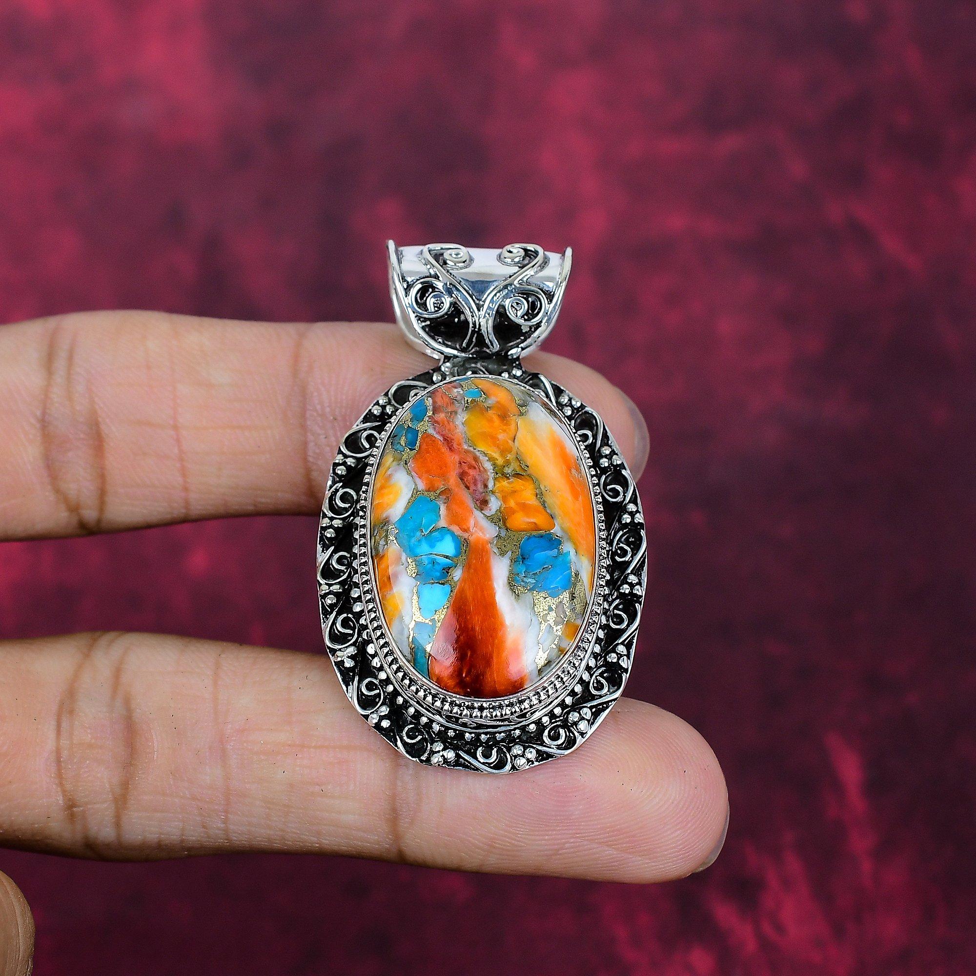 Orange Spiny Oyster Handmade Gemstone Pendant, 925 Solid Sterling Silver Pendant, For Thanksgiving
