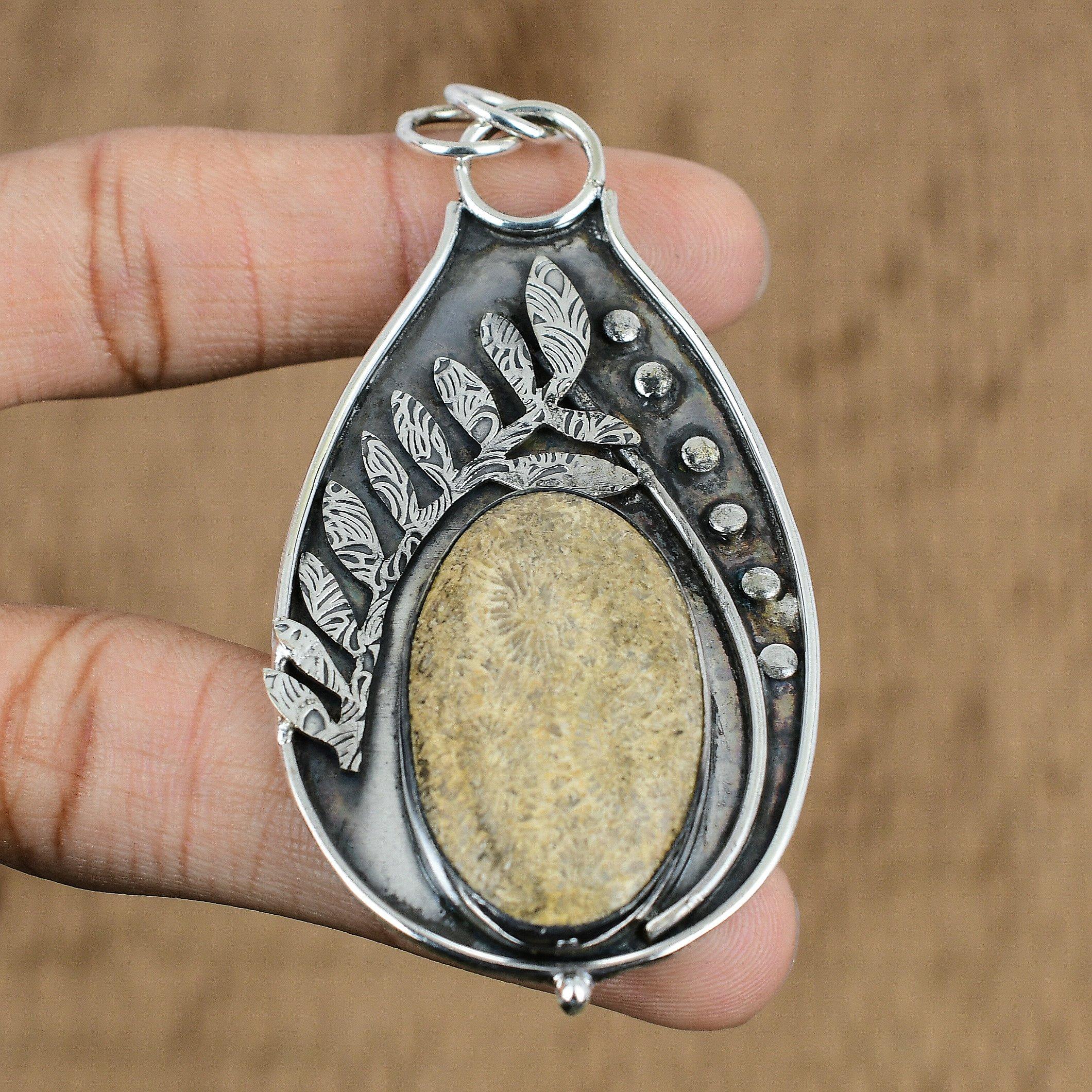 Mothers day Deal Natural Fossil Coral Root Chakra New Pendant Jewelry 925 Silver