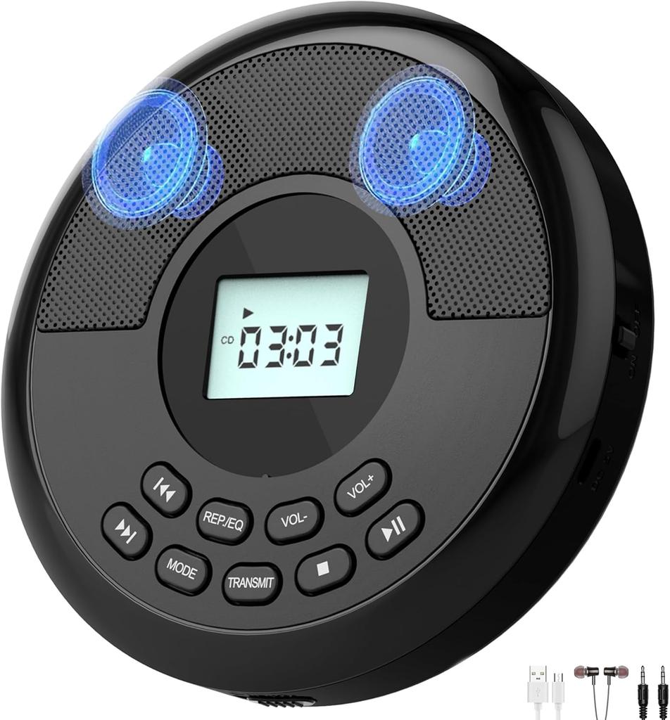 Portable CD Player for Car with Dual Stereo Speakers and Anti-Skip Protection,Rechargeable CD Player Portable with Headphones