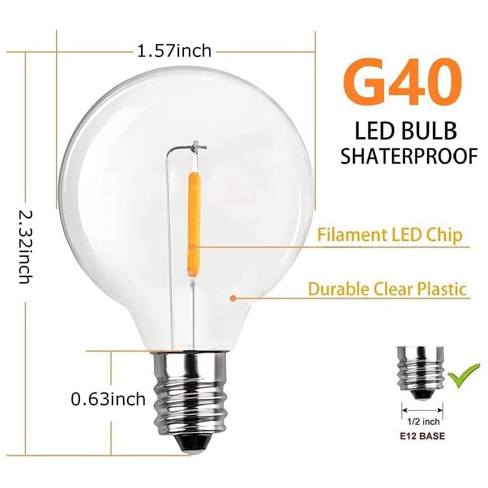 10x / 25x DC 3V Low-Voltage G40 LED Replacement Bulbs for Solar String Light, Shatterproof & Waterproof, 1W, E12 Base, 2700K Warm White
