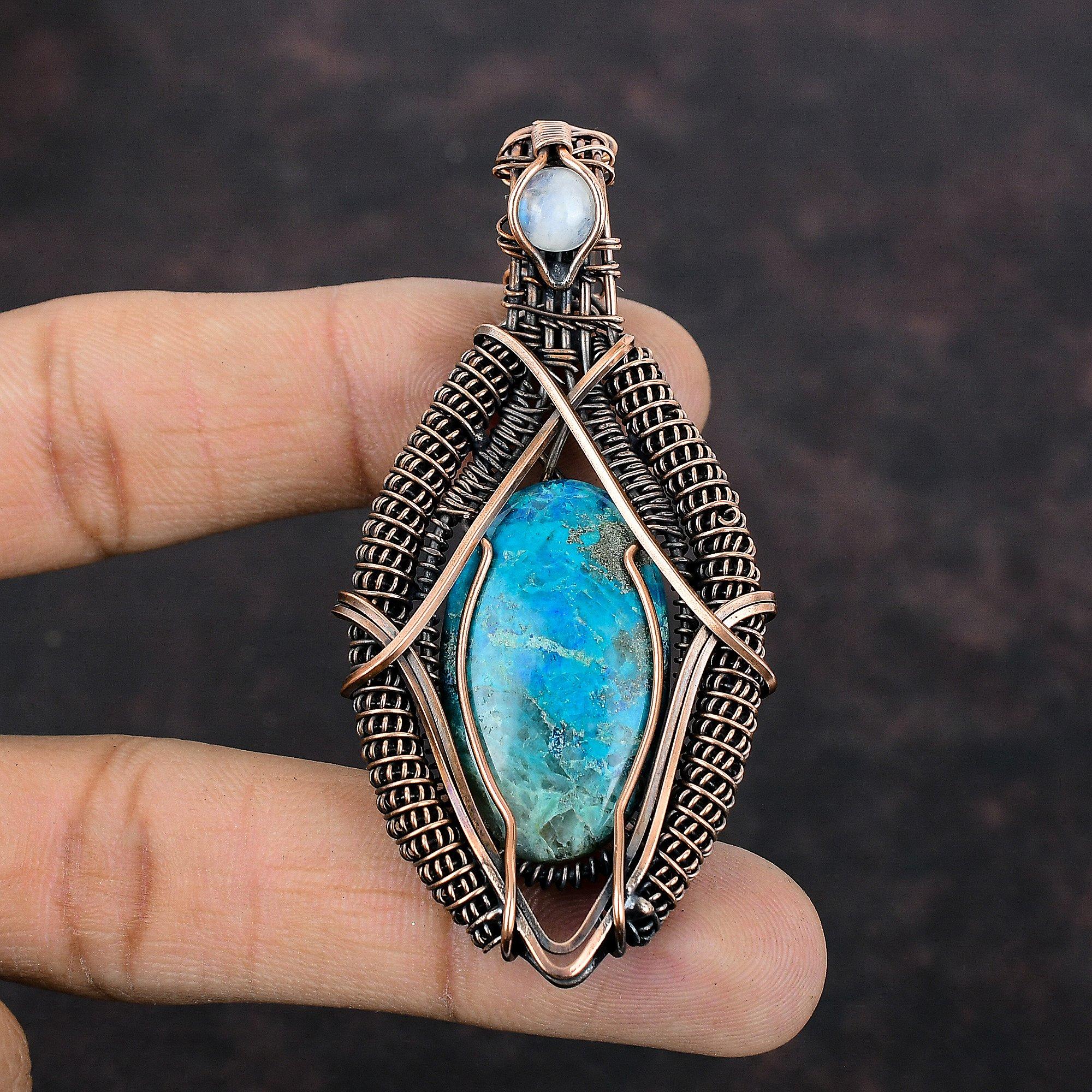 Chrysocolla Pendant Copper Wire Wrapped Pendant Rainbow Moonstone Pendant Copper Wire Jewelry Gift For Him Handmade Natural Gemstone Pendant