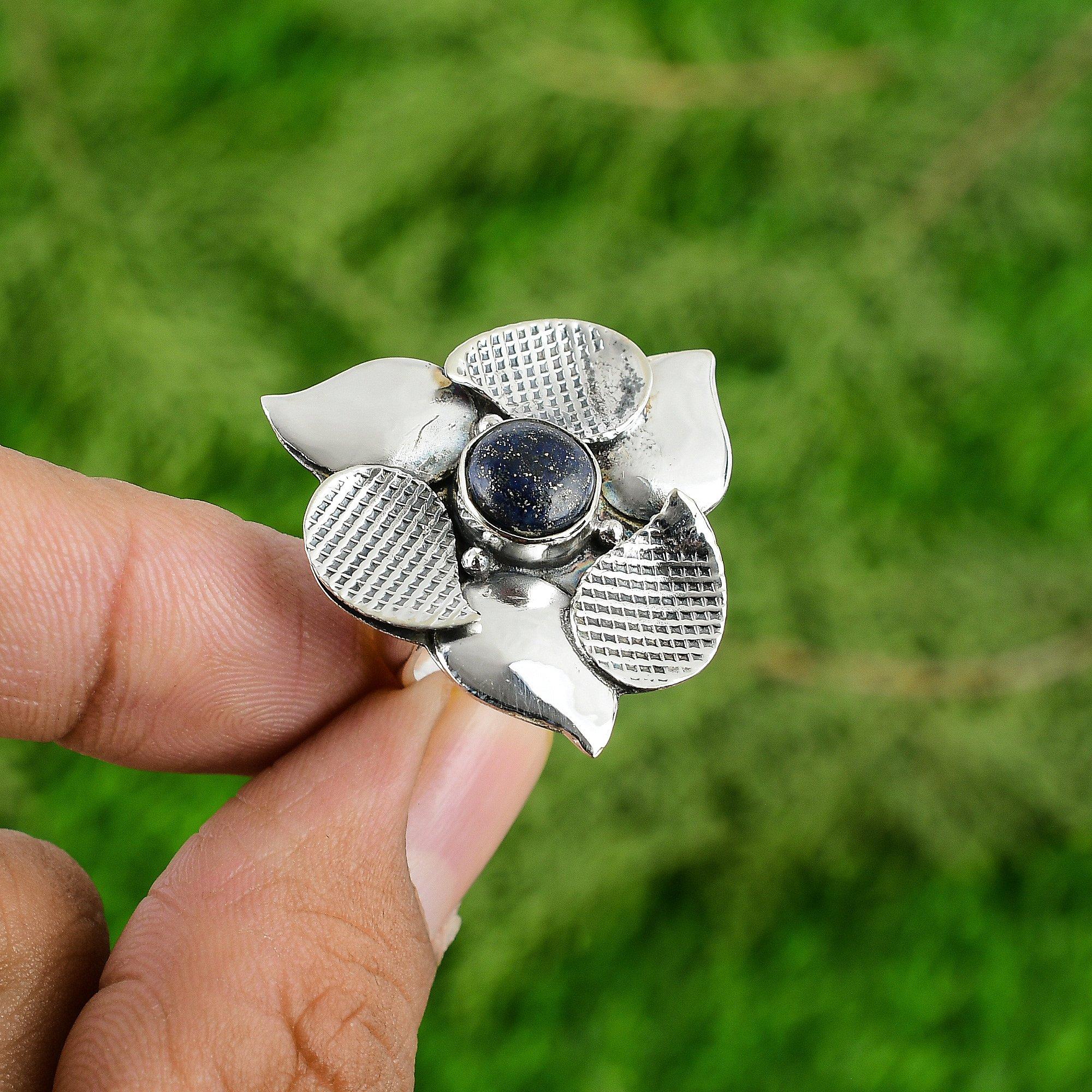 Lapis Lazuli Gemstone Flower Engagement Solitaire Ring Jewelry Sterling Silver