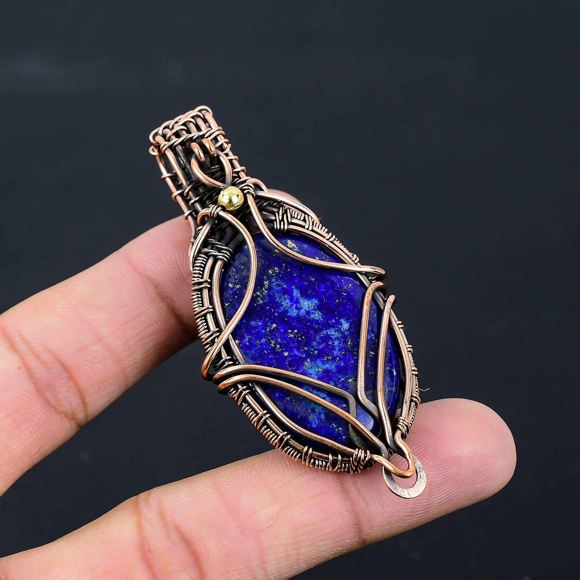 Lapis Lazuli Gemstone Pure Copper Wire Wrapped Handmade Pendant Jewelry For Her