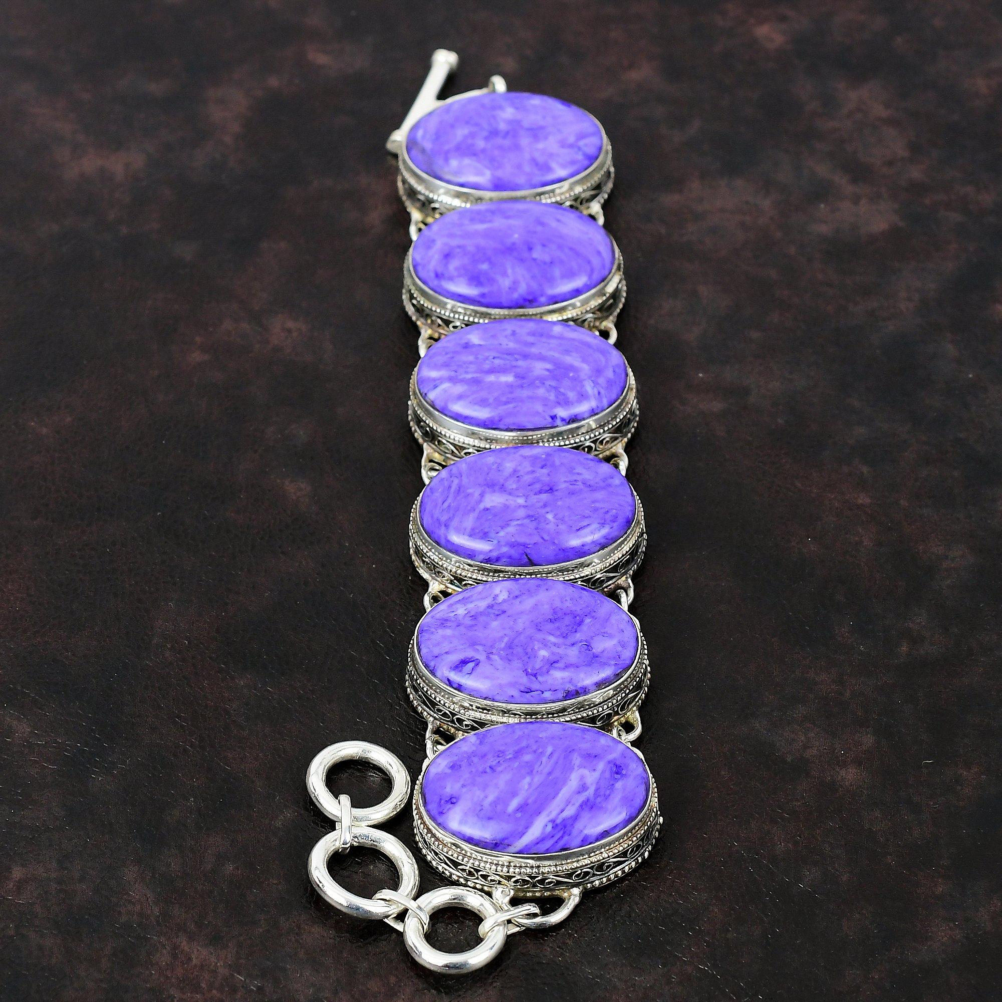 Brățară Charoite Pietre prețioase Bijuterii lucrate manual Brățară vintage Brățară din argint 925 Brățară cu lanț reglabil Cadou de logodna pentru ea