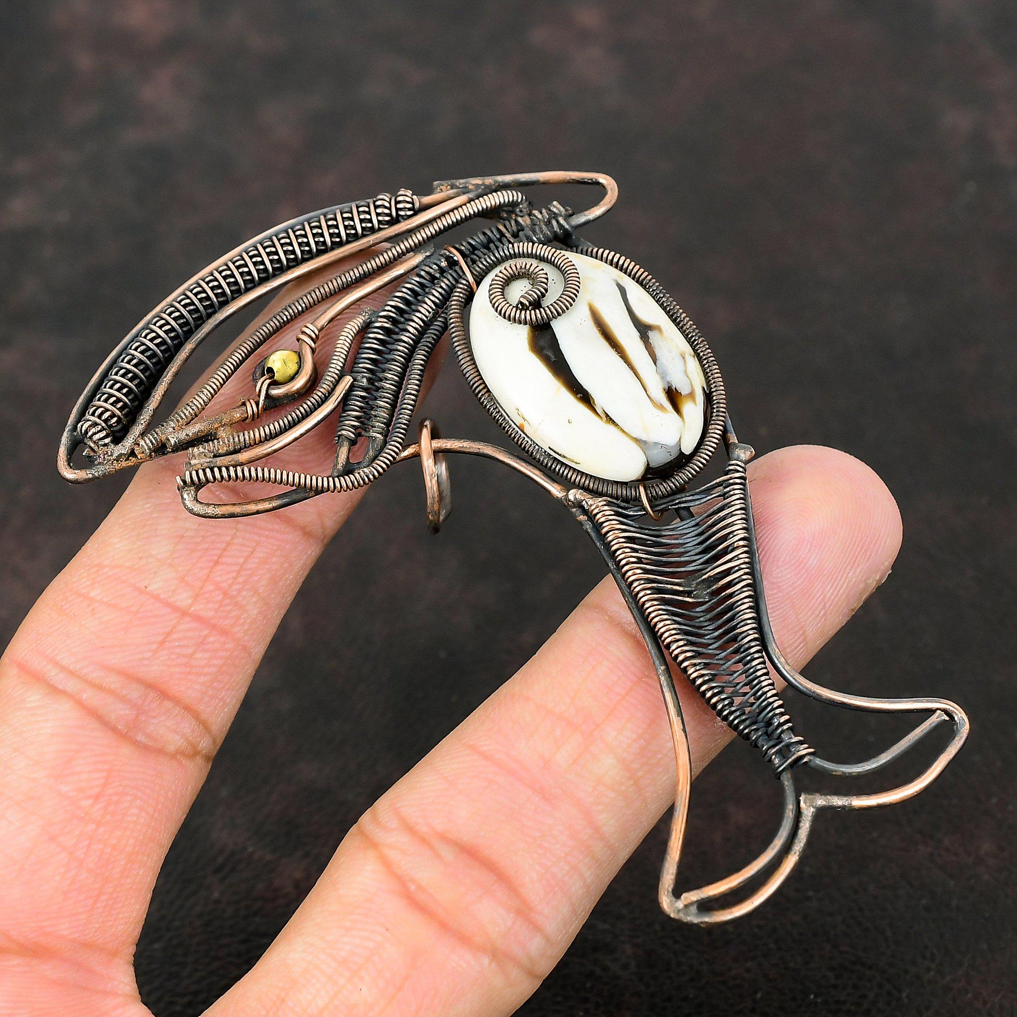 Peanut Wood Jasper Pendant Copper Wire Wrapped Pendant Real Gemstone Handmade Pendant Copper Jewelry For Gift Fish Pendant Wire Wrap Jewelry