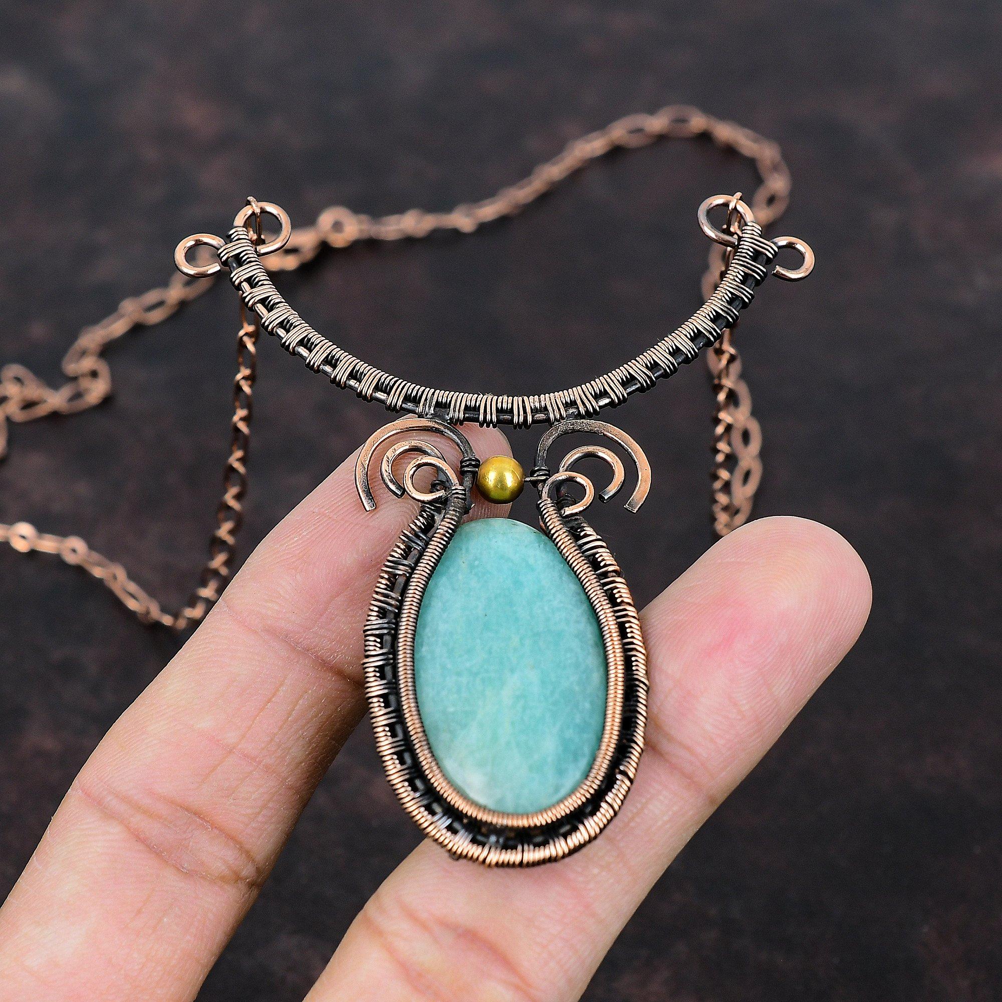 Amazonite Necklace Copper Wire Wrapped Gemstone Jewelry Handmade Adjustable Necklace Women Jewelry Copper Wire Wrap Necklace Gift For Friend