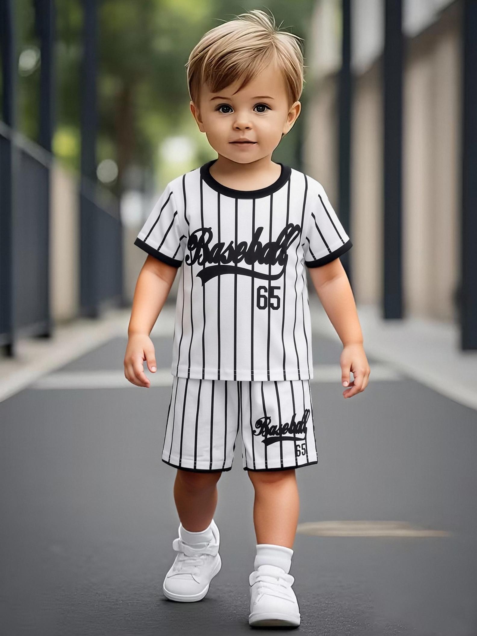 Ensemble 2 pièces pour tout-petits garçons, style baseball cool avec impression 65, Vêtements décontractés rayés d'été pour enfants, Parfait pour les jeux et l'extérieur
