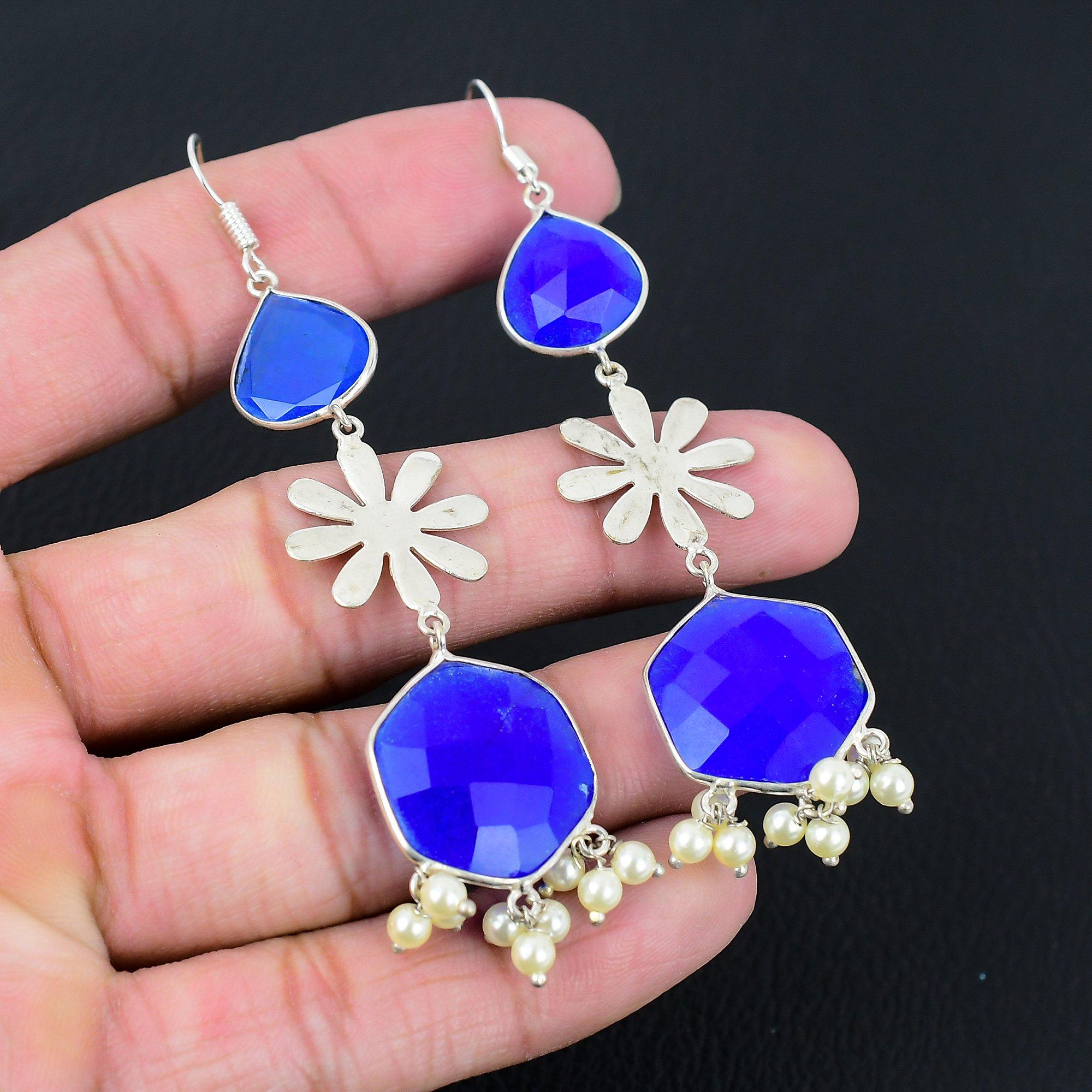 Halloween Deal Blue Sapphire Gemstone Sterling Silver Wife Drop Trendy Earrings