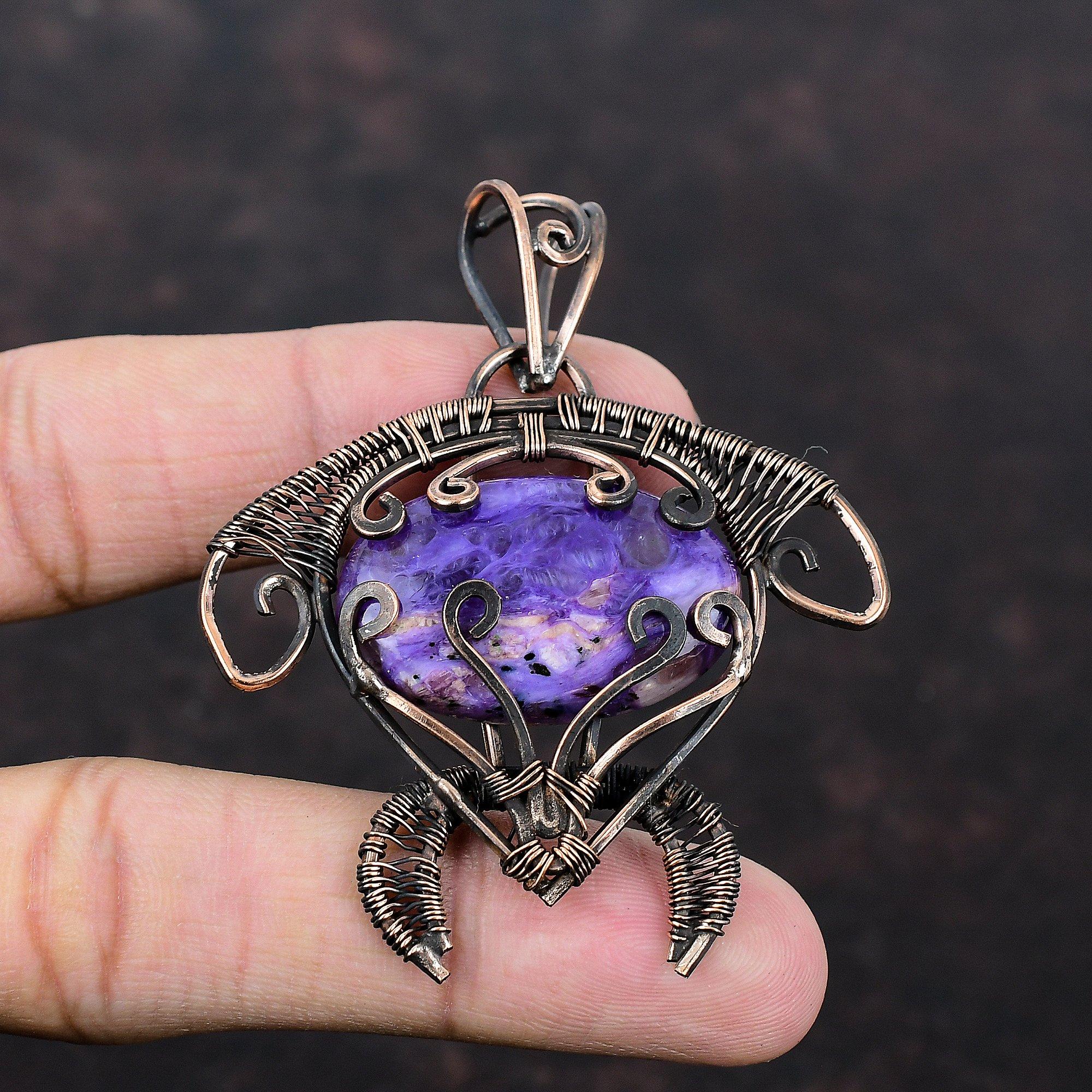 Charoite Pendant Copper Wire Wrapped Pendant Gemstone Tortoise Pendant Amazing Copper Jewelry Handmade Pendant Wire Wrapped Jewelry For Gift