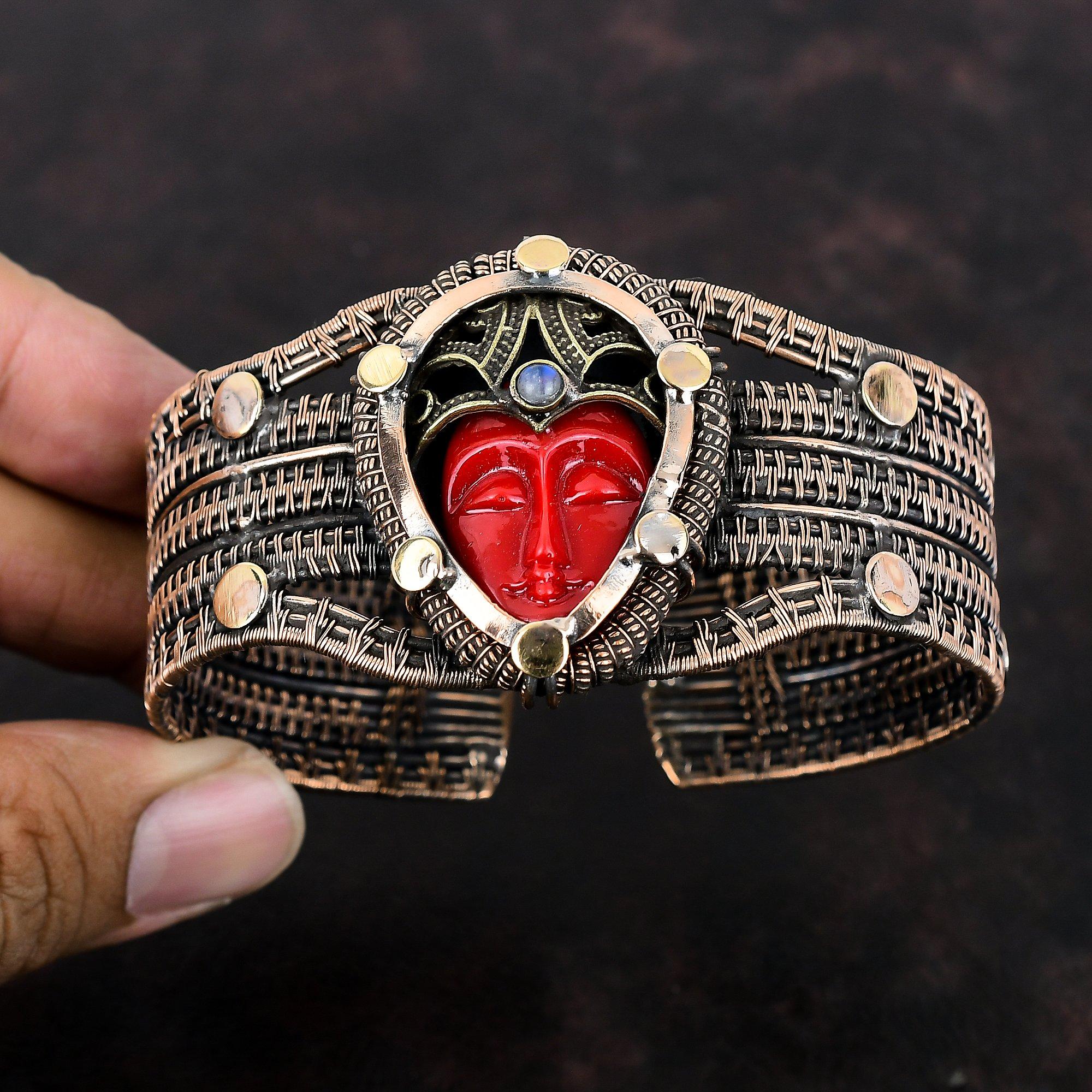 Red Carved Bone Face Bangle Copper Wire Wrapped Rainbow Moonstone Cuff Bracelet Adjustable Handmade Bangle Gemstone Jewelry Anniversary Gift