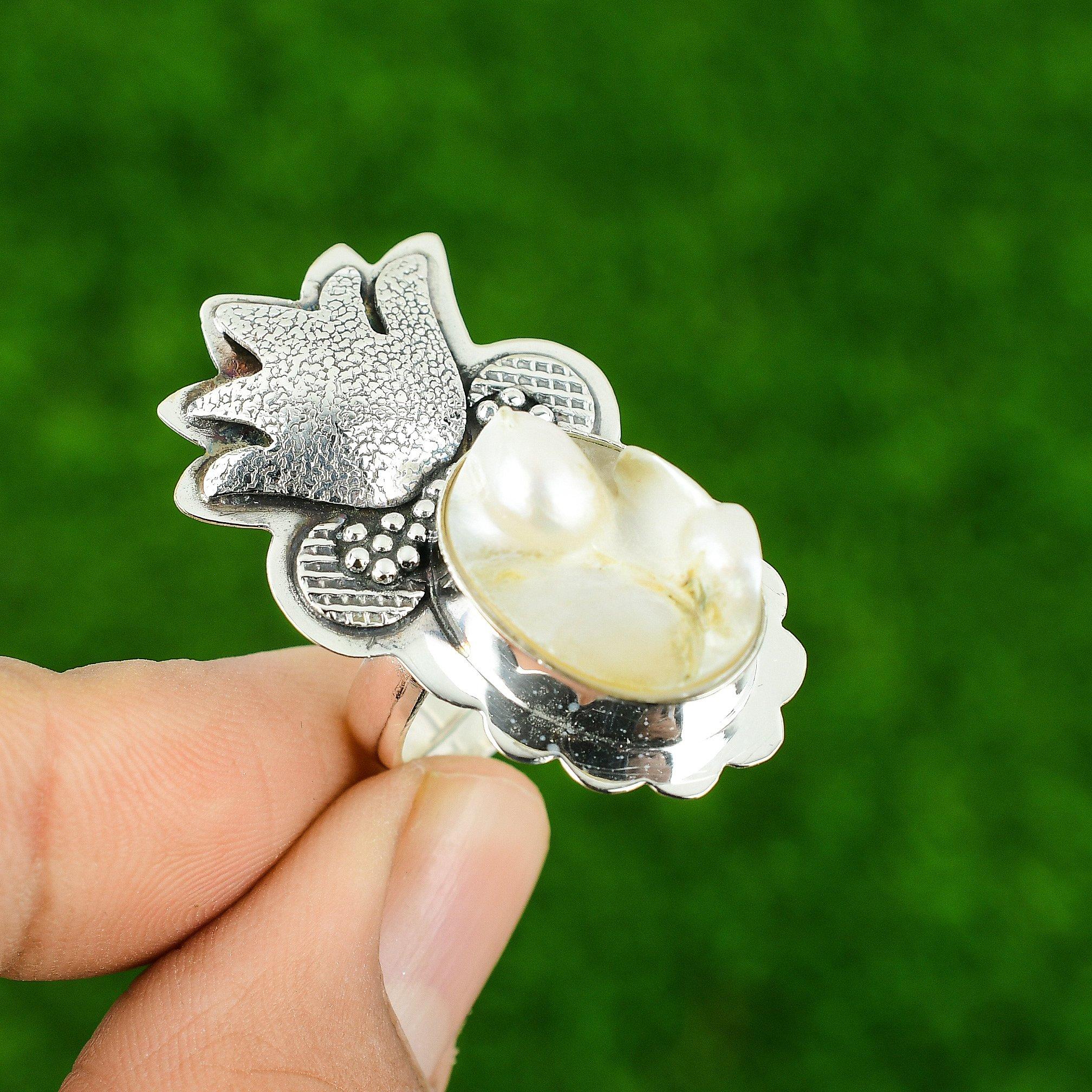 925 Silver Oval Natural Biwa Pearl Ethnic Promise Statement Bezel Birthday Ring