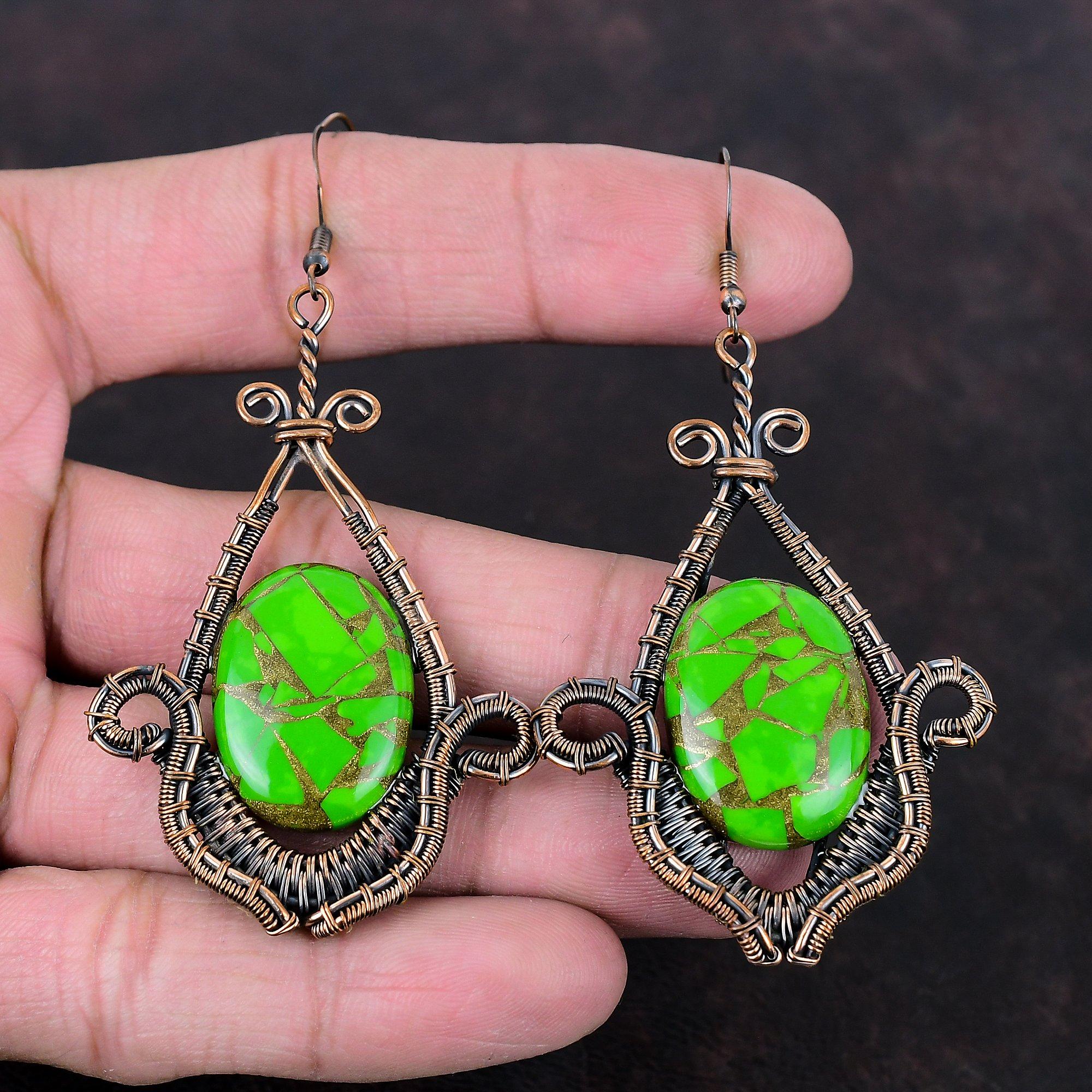 Copper Green Turquoise Earring Copper Wire Wrapped Earrings Handmade Jewelry Gemstone Earring Birthstone Earring Gift For Her Copper Jewelry