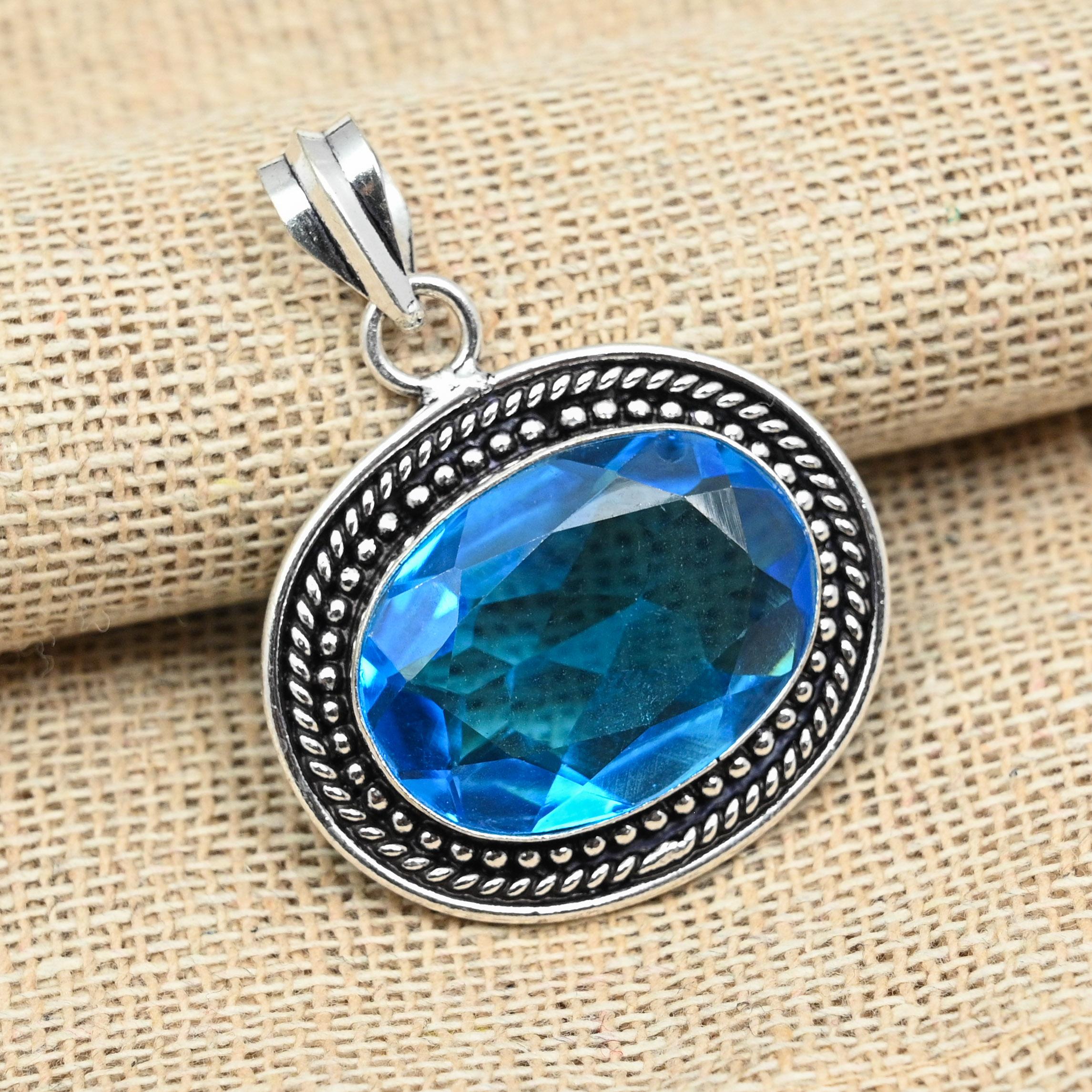 Colgante de joyería hecho a mano de plata de ley 925 maciza con piedra preciosa de topacio azul
