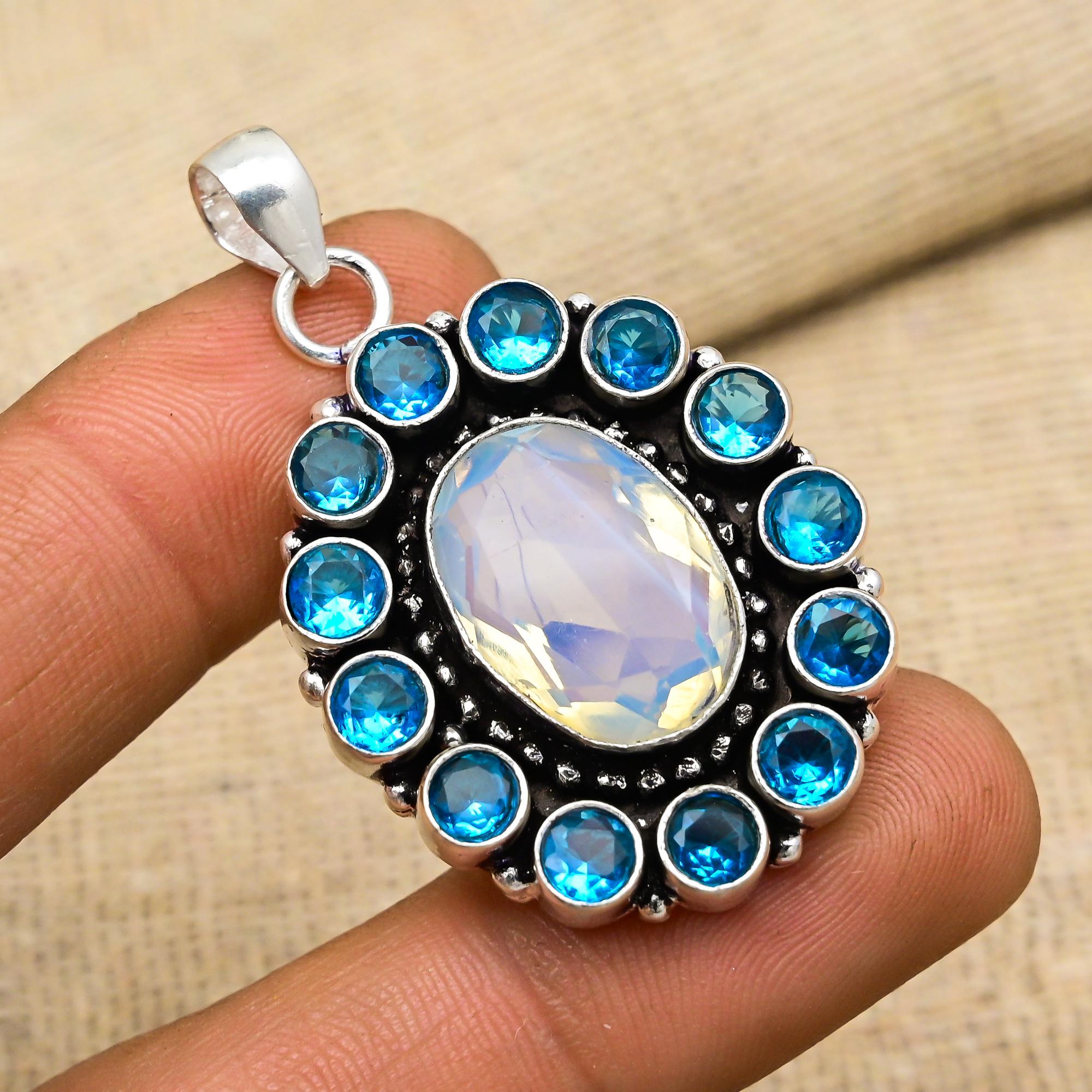 Milky Opal, Blue Topaz Gemstone 925 Sterling Silver Handmade Antique Jewelry Gift For Mother Pendant