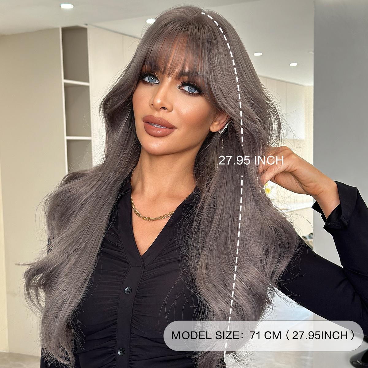 Gray Purple Long Curly Wig for Women - Wavy Full Bangs Full Cap, Quick Beauty High Quality, Natural Daily Styling