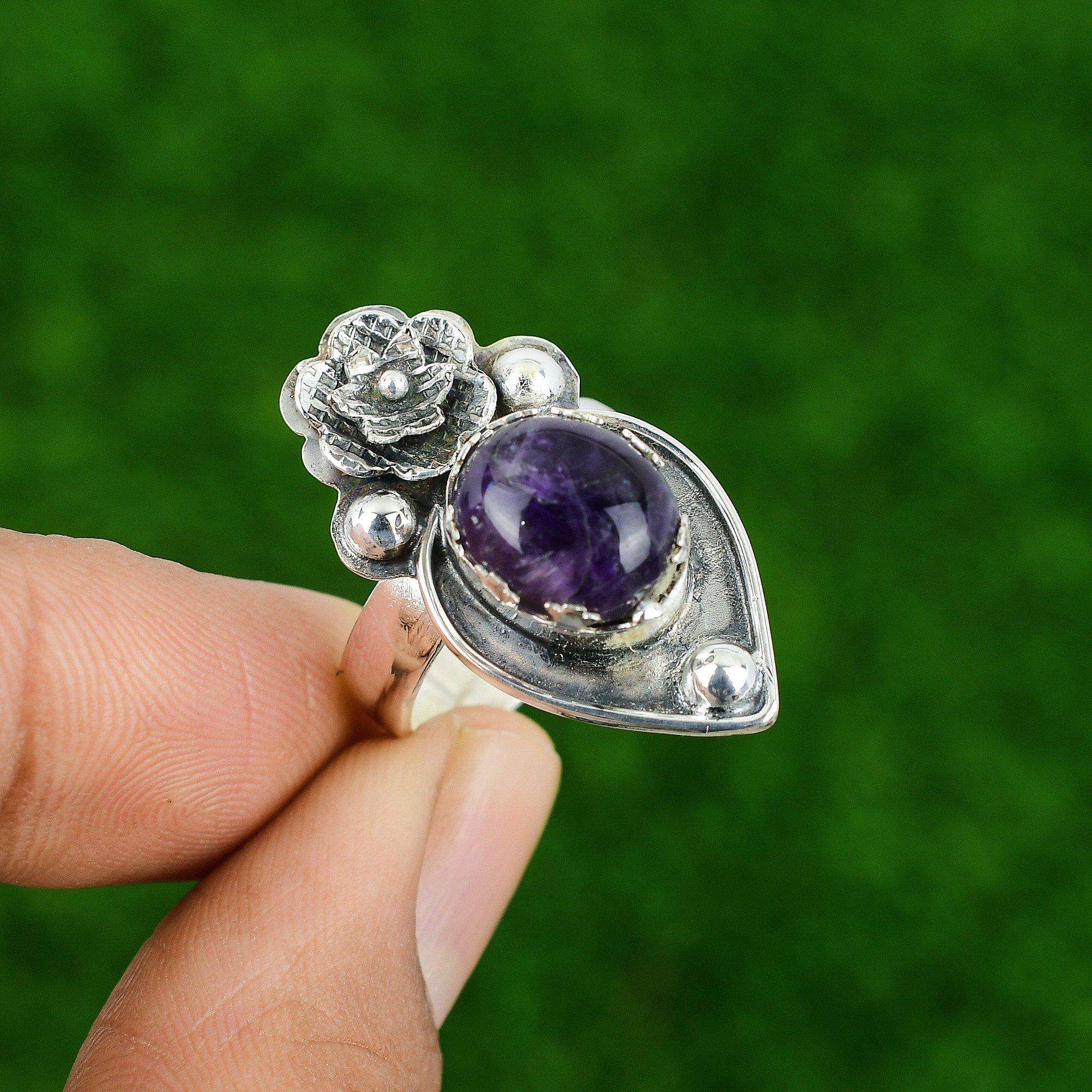 925 Silver Natural African Amethyst Multi Stone Flower Adjustable Ring