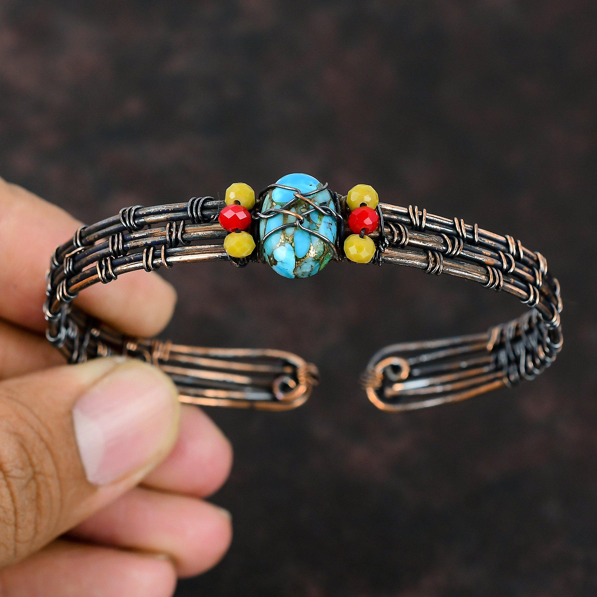 Kupfer Türkis Armreif Gelbe Koralle & Rote Koralle Perlen Armreif Kupferdraht Umwickelter Schmuck Verstellbarer Armreif Edelstein Draht Armreif