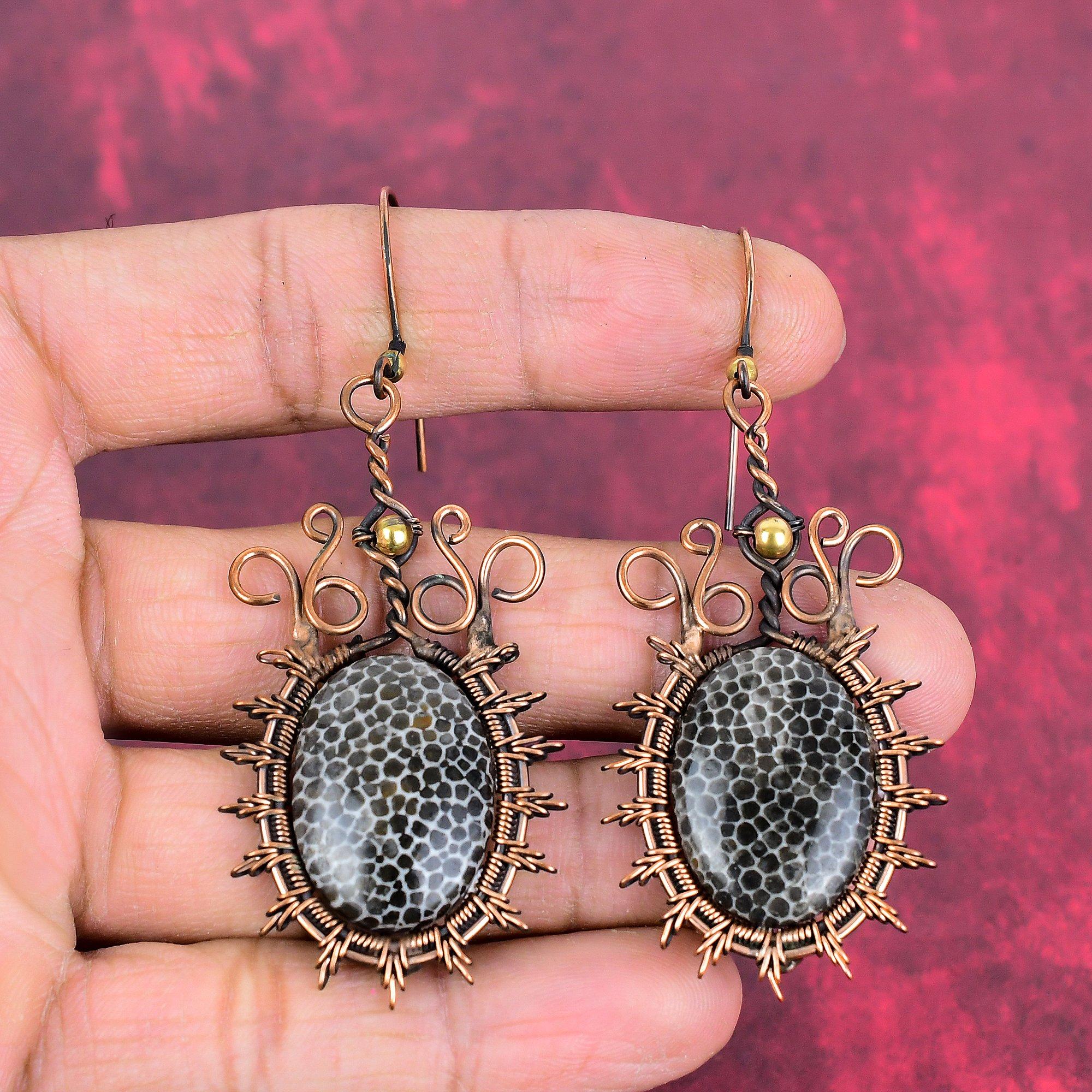 Stingray Coral Earring Copper Wire Wrapped Earring Gemstone Earrings Handmade Copper Jewelry Dangle Earrings Gifts for Her Wire Wrap Jewelry