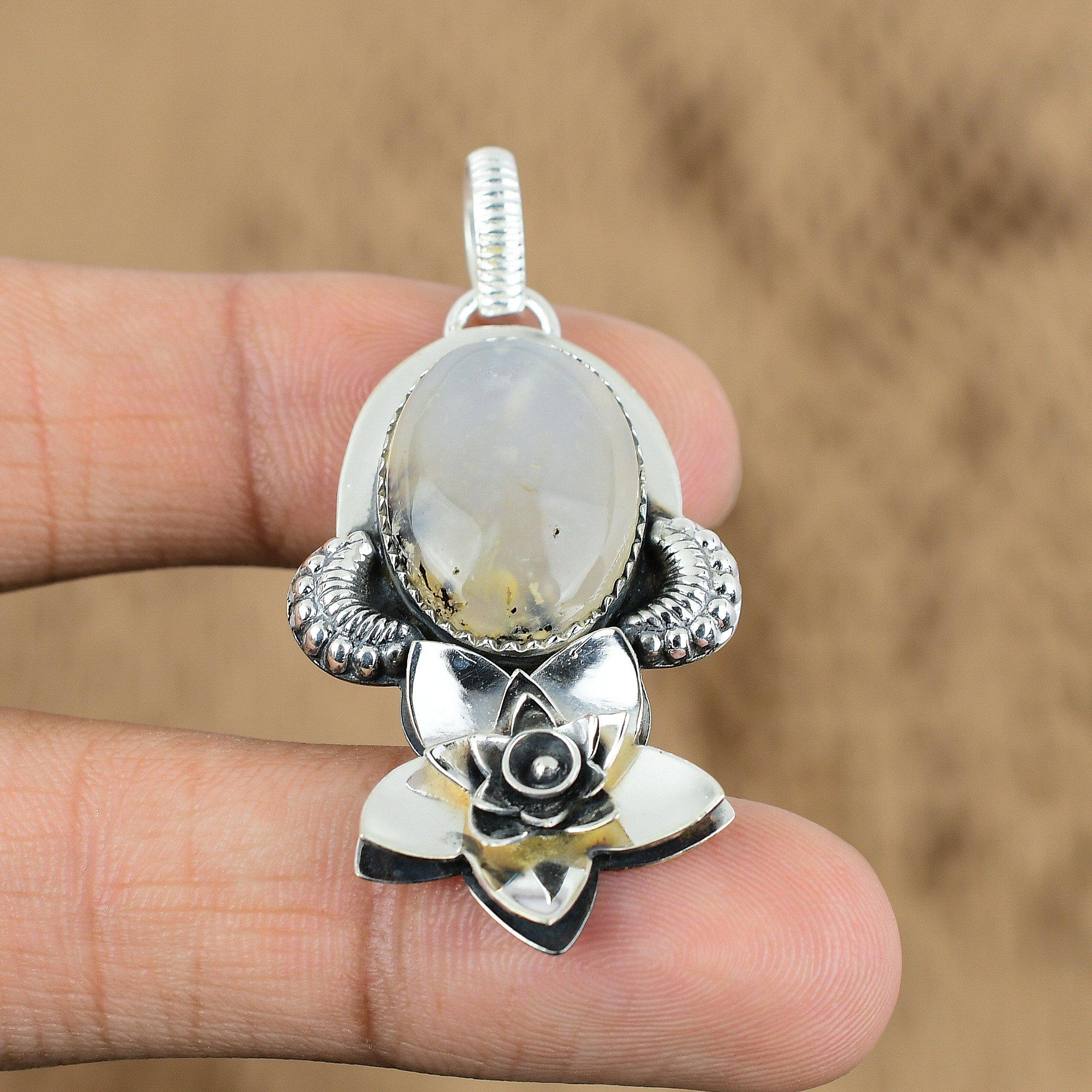Mothers day Deal Oval Plume Agate Stone Wife Flower Pendant 925 Sterling Silver