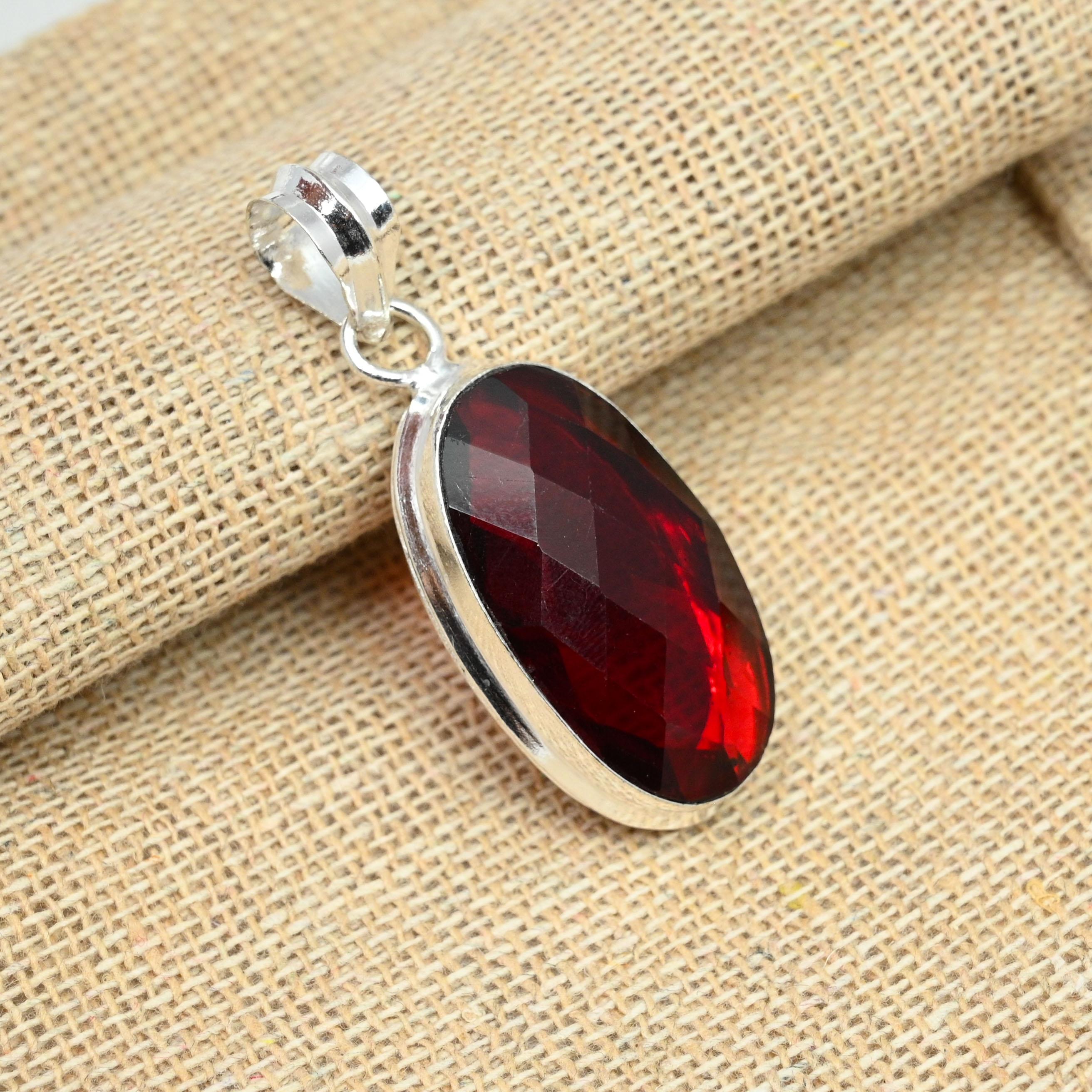Red Garnet Gemstone 925 Sterling Silver Handmade Pendant Best Gift For Women