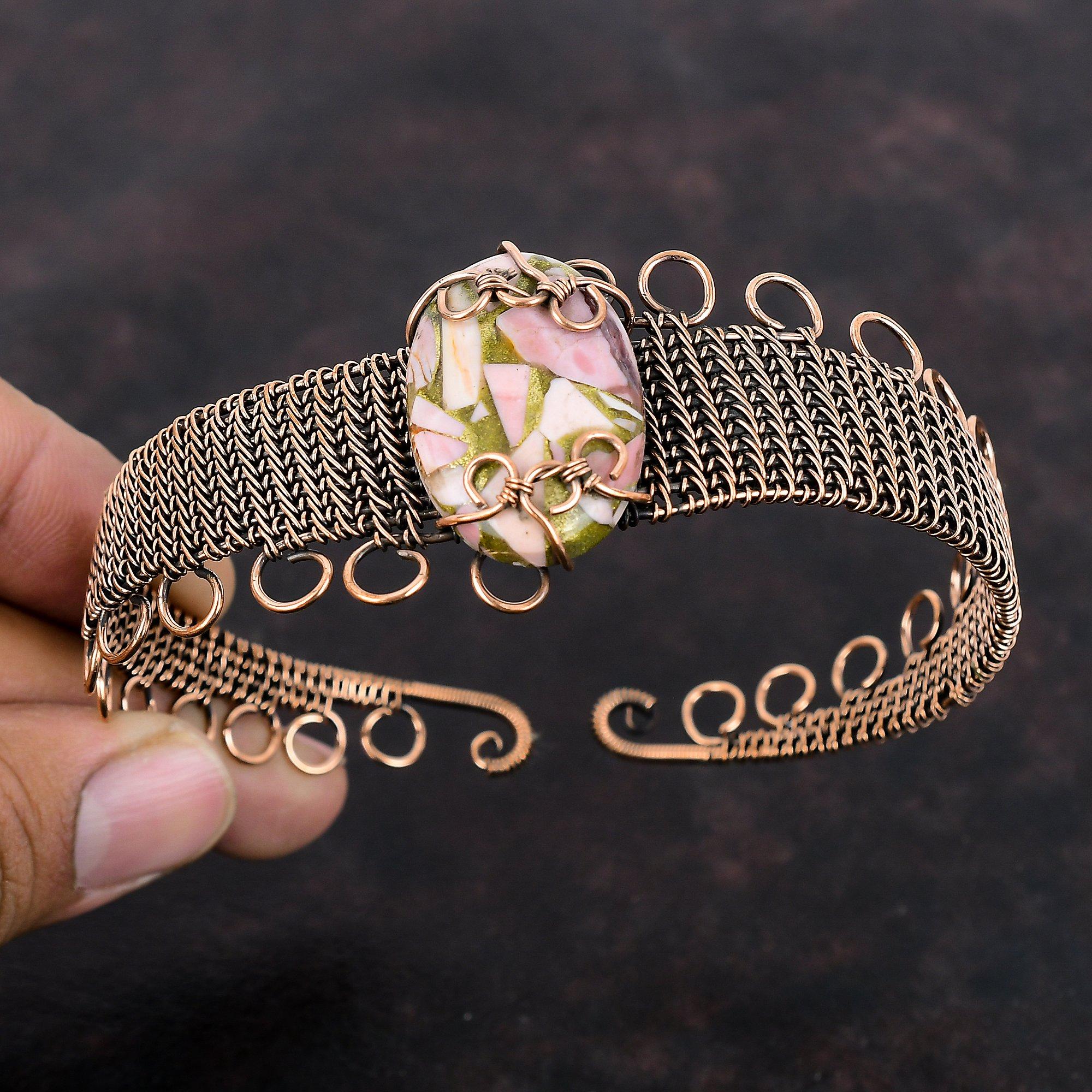 Copper Pink Opal Bangle Copper Wire Wrapped Jewelry Gemstone Cuff Bracelet Adjustable Bangle Wire Wrap Bangle Gift For Mom Handmade Bracelet