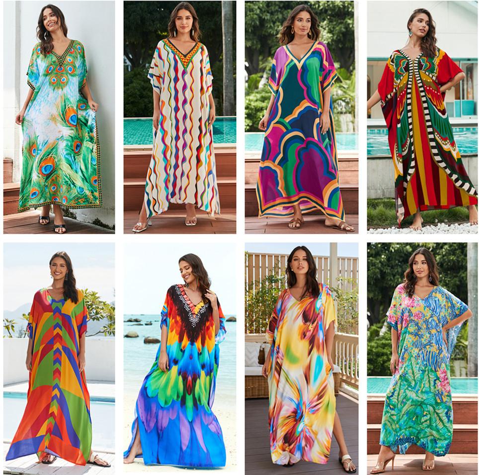 Summer Women's Dress Plus Size Printed Beach Cover-up Loose Holiday Sunscreen Bikini Cover-ups